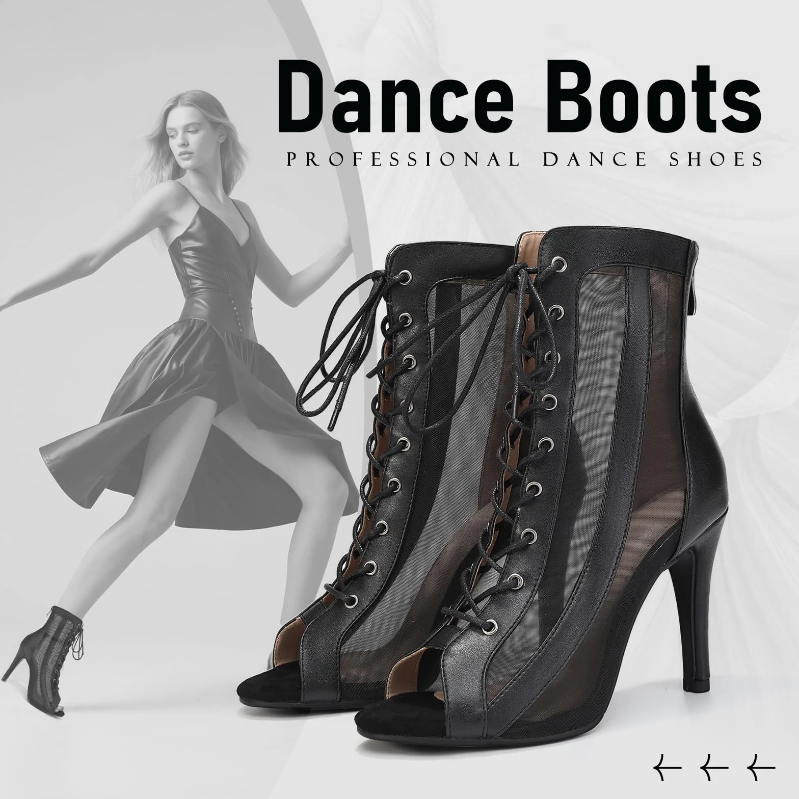 Stivali da Ballo Latino Donna Punta Aperta con Lacci Salsa Tango Scarpe da Ballo Performance