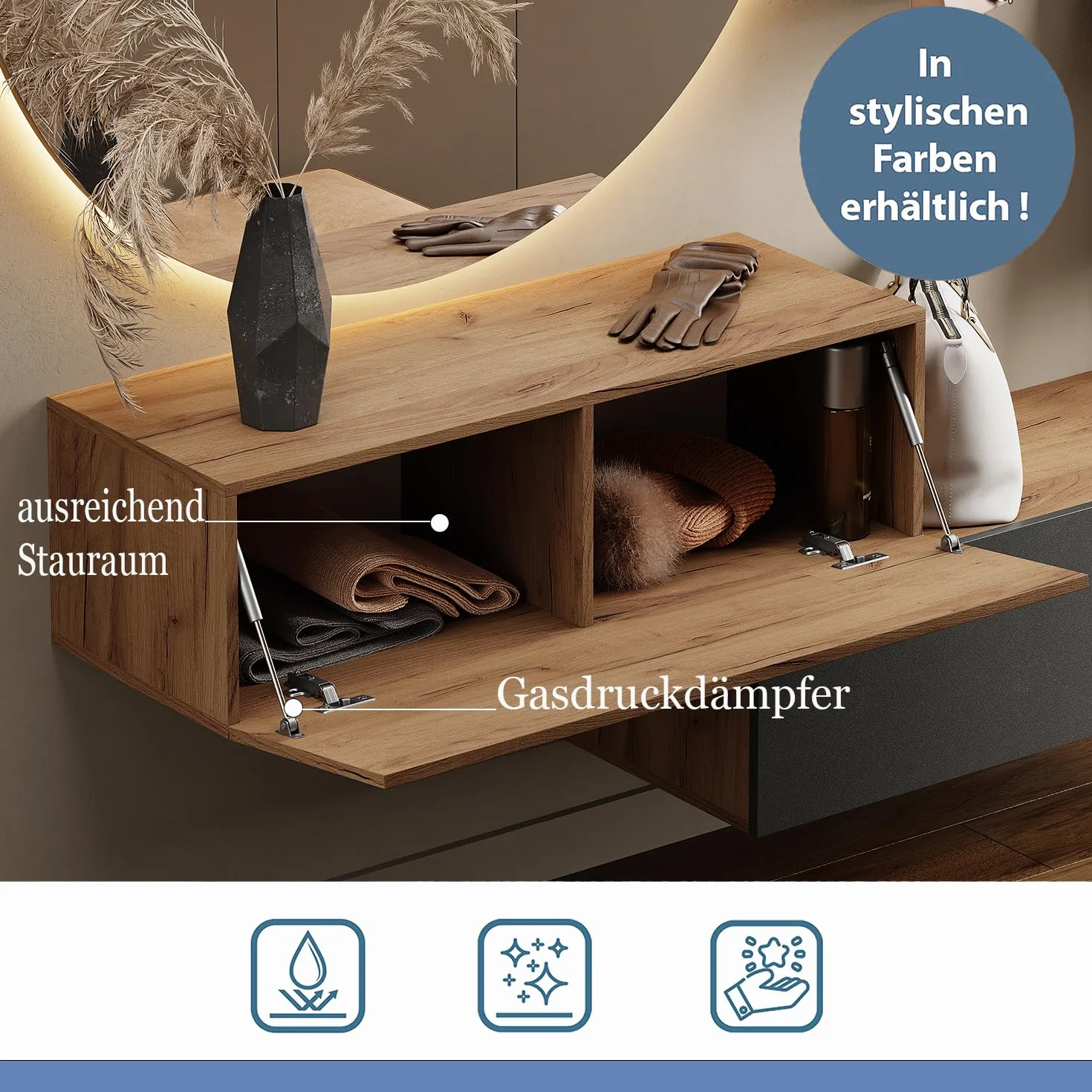 Planetmöbel - Mobiletto contenitore compatto per corridoio/ingresso, 1 x 100 cm, con sportello, installazione a parete o pavimento, 37,8 x 100 x 32,5 cm (P x L x A), rovere oro