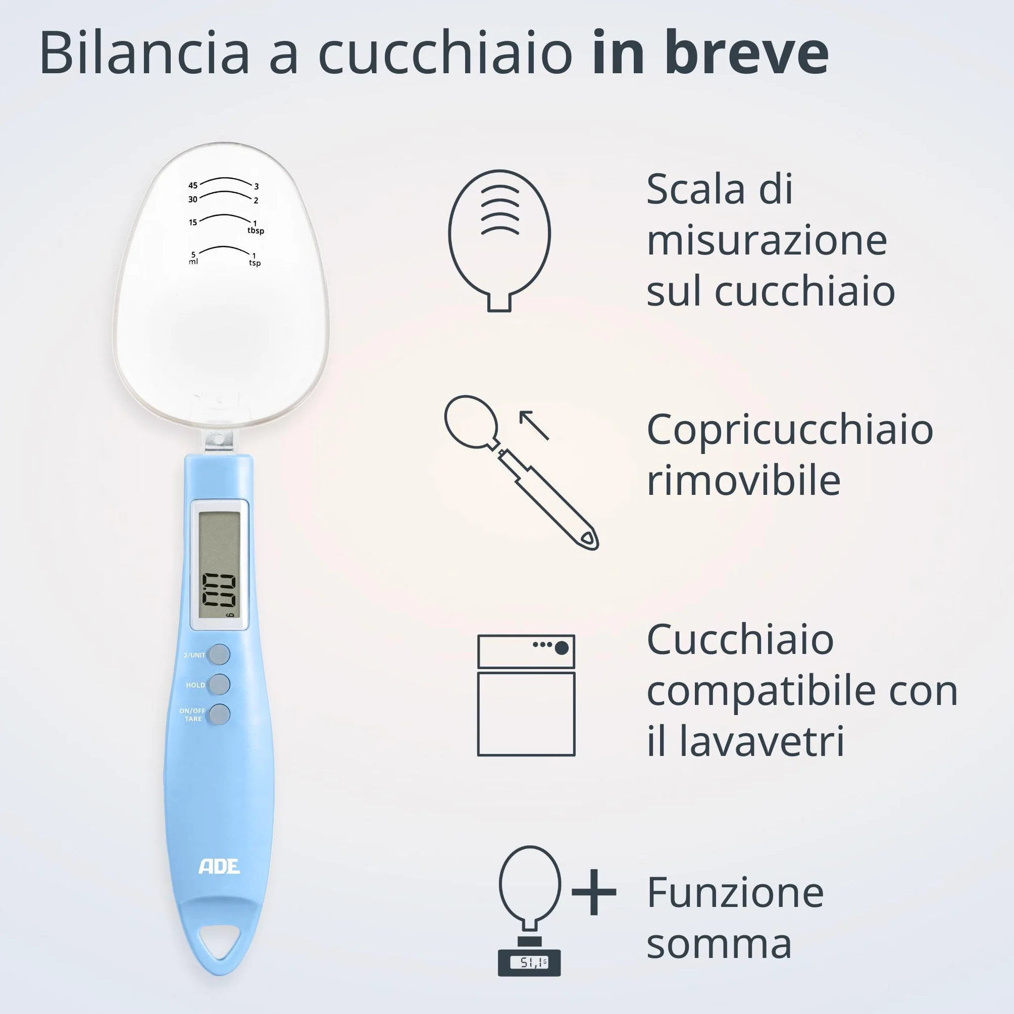 ADE Bilancia digitale a cucchiaio di precisione | bilancia elettronica a cucchiaio dosatore per pesare e dosare precisi | precisione di 0,1 grammi | anche per liquidi | con display LCD | Blu