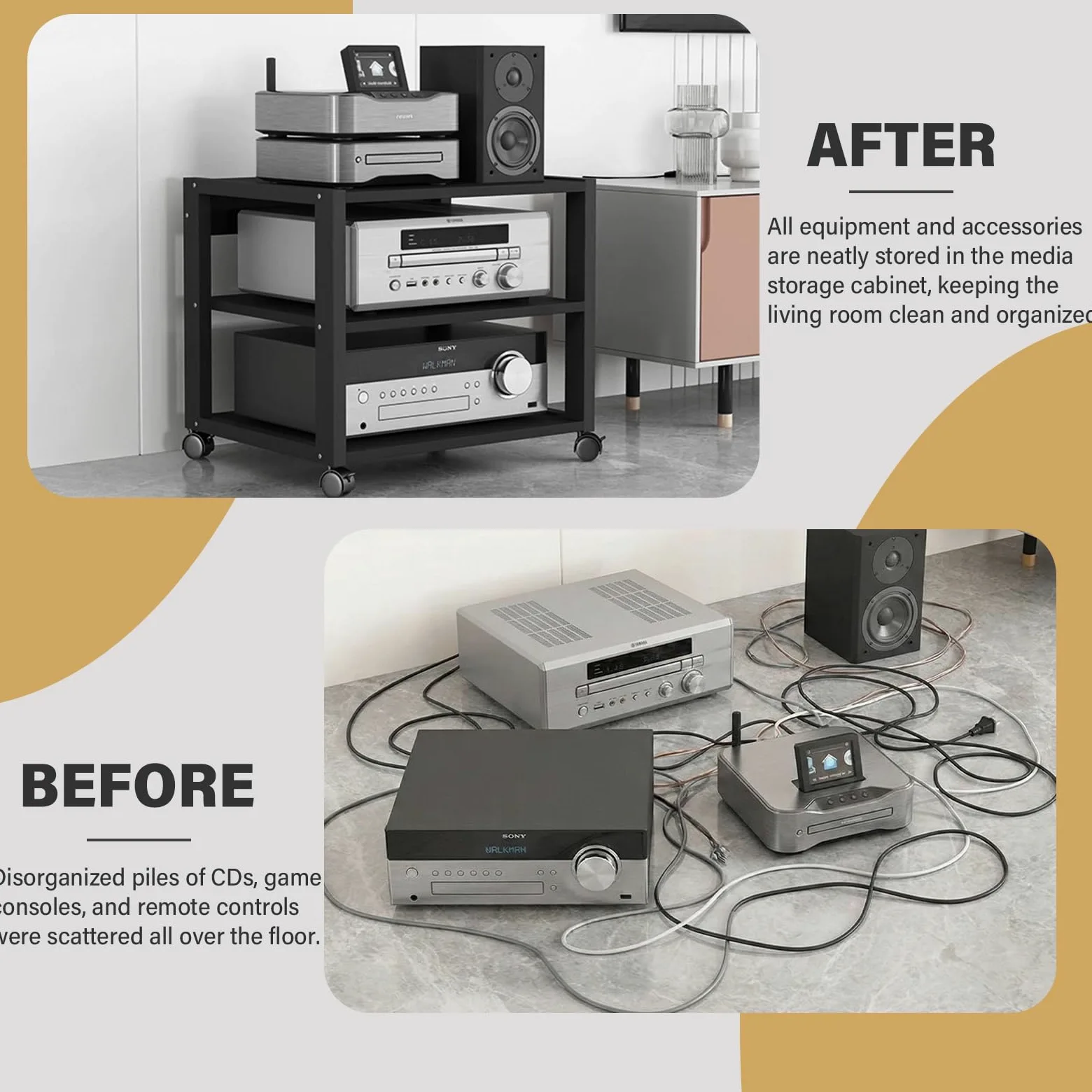 Mobile Hi-Fi Rack Audio con Ruote, Supporto Robusto a 3 Ripiani per Amplificatore, Giradischi e Stereo, Scaffale Porta Elettroniche in Metallo e Legno, Nero