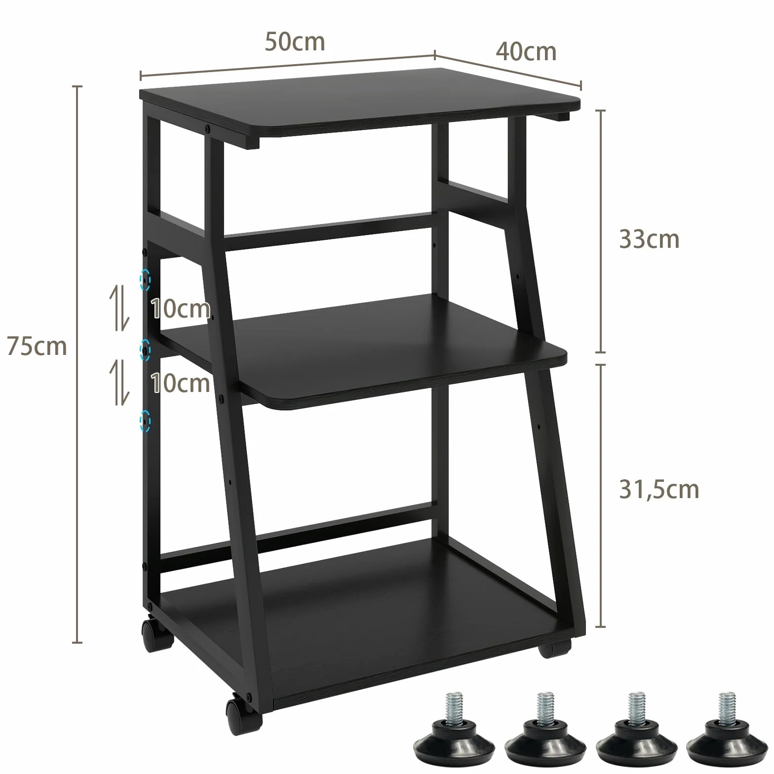 PUNCIA Supporto per Stampante a 3 Livelli 50x40x75CM Carrello Rotante con Ripiano Regolabile Scaffale per Stampante in Legno Mobile Tavolo Funzionale con Contenitore per Ufficio e Casa (Nero)