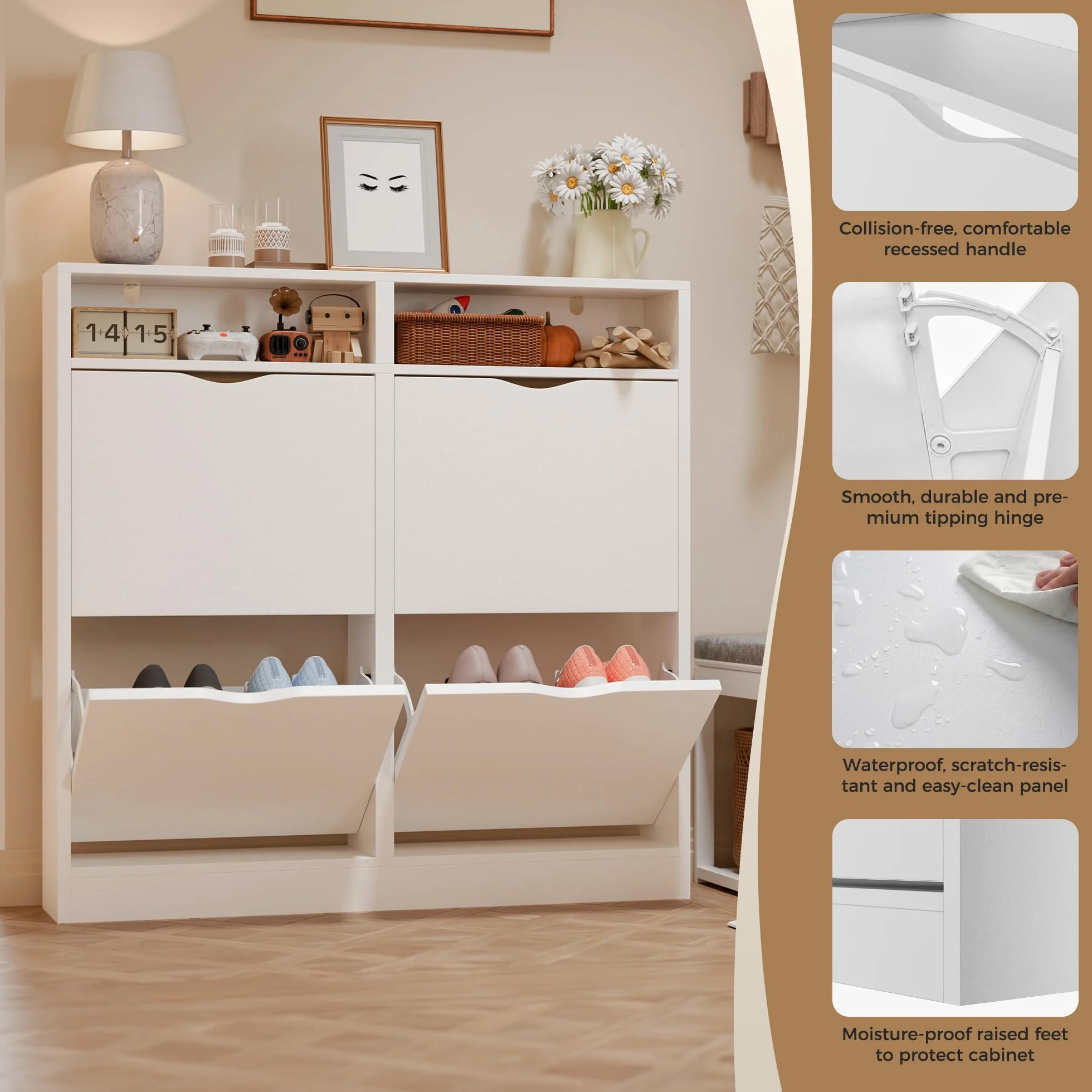 ELUCHANG Scarpiera Salvaspazio Slim con 4 Ante a Ribalta, Scarpiera Armadio Moderna per Corridoio, Ingresso e Camera, Legno in Bianco, 100x17x100cm