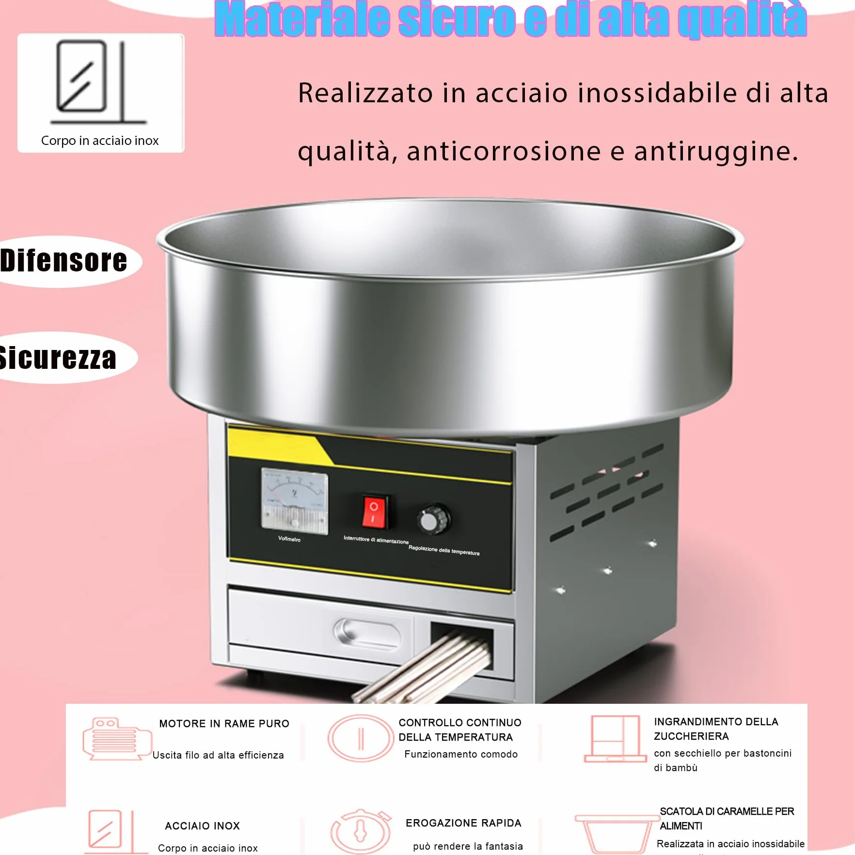 Macchina Commerciale Dello Zucchero Filato 1200W, Macchina Automatica per Zucchero Filato, Temperatura Regolabile con Ciotola in Acciaio Inossidabile per Bambini, Casa, Compleanno, Feste
