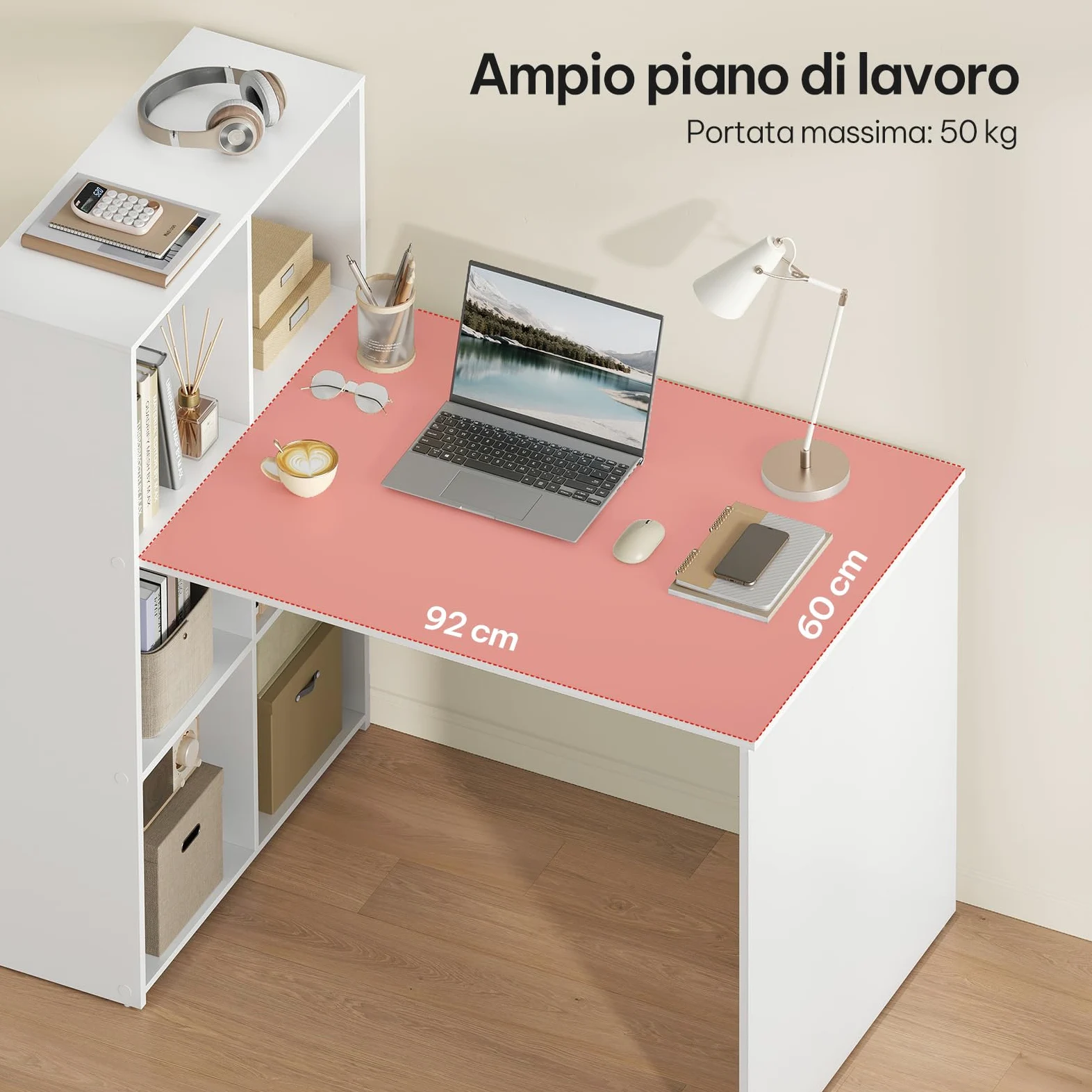 eSituro Scrivania con Libreria a 3 Ripiani, 120 x 63 x 111 cm, Bianca | 6 Scomparti Aperti, Design Salvaspazio, per Studio e Camera da Letto