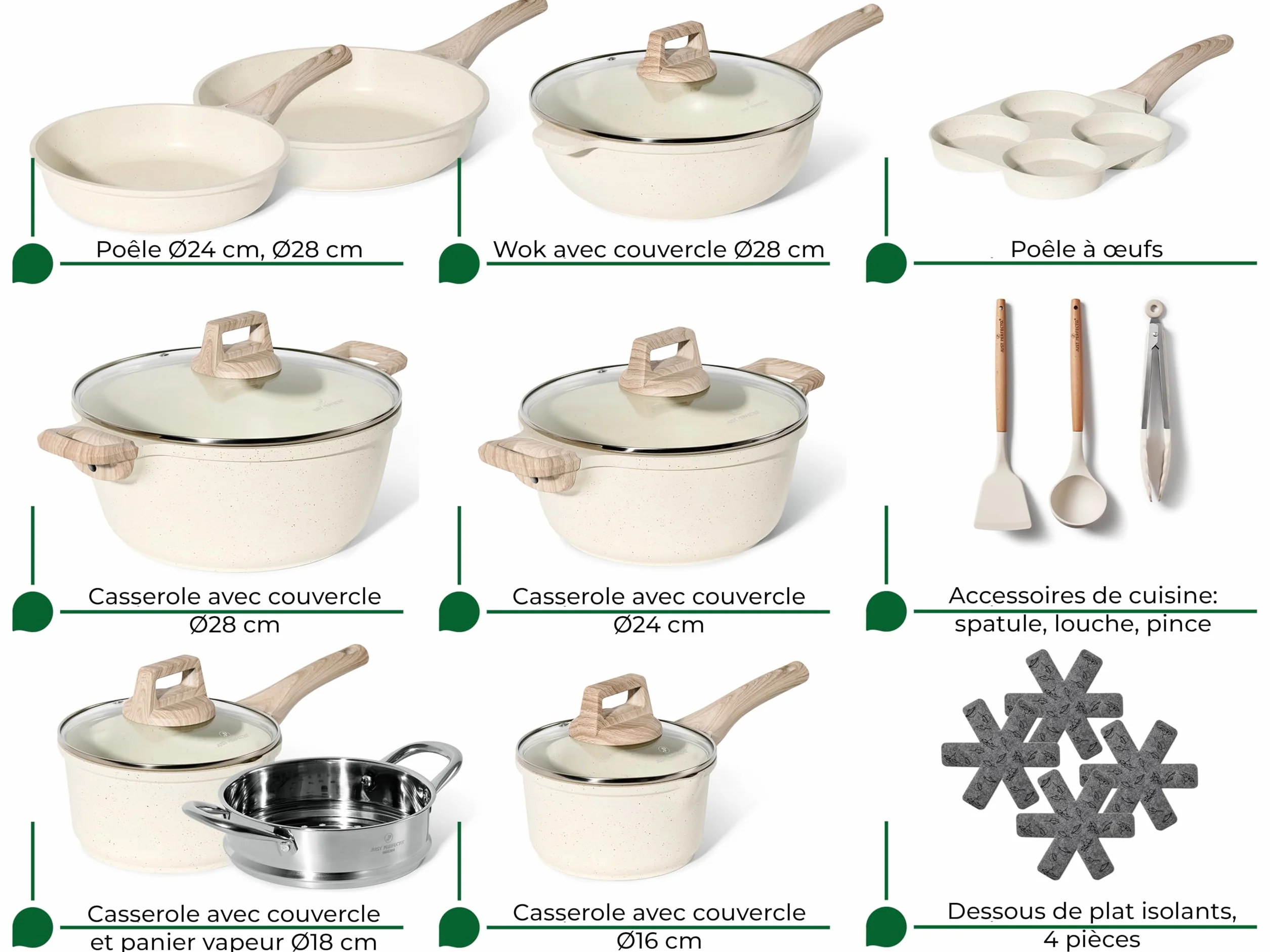 JUST PERFECTO Batteria Pentole e Padelle a Induzione, Set Padelle Antiaderenti Per tutti i piani cottura Batteria di pentole antiaderente 28cm con Coperchi, pentole senza pfoa e ptfe (21 Pcs Biege)