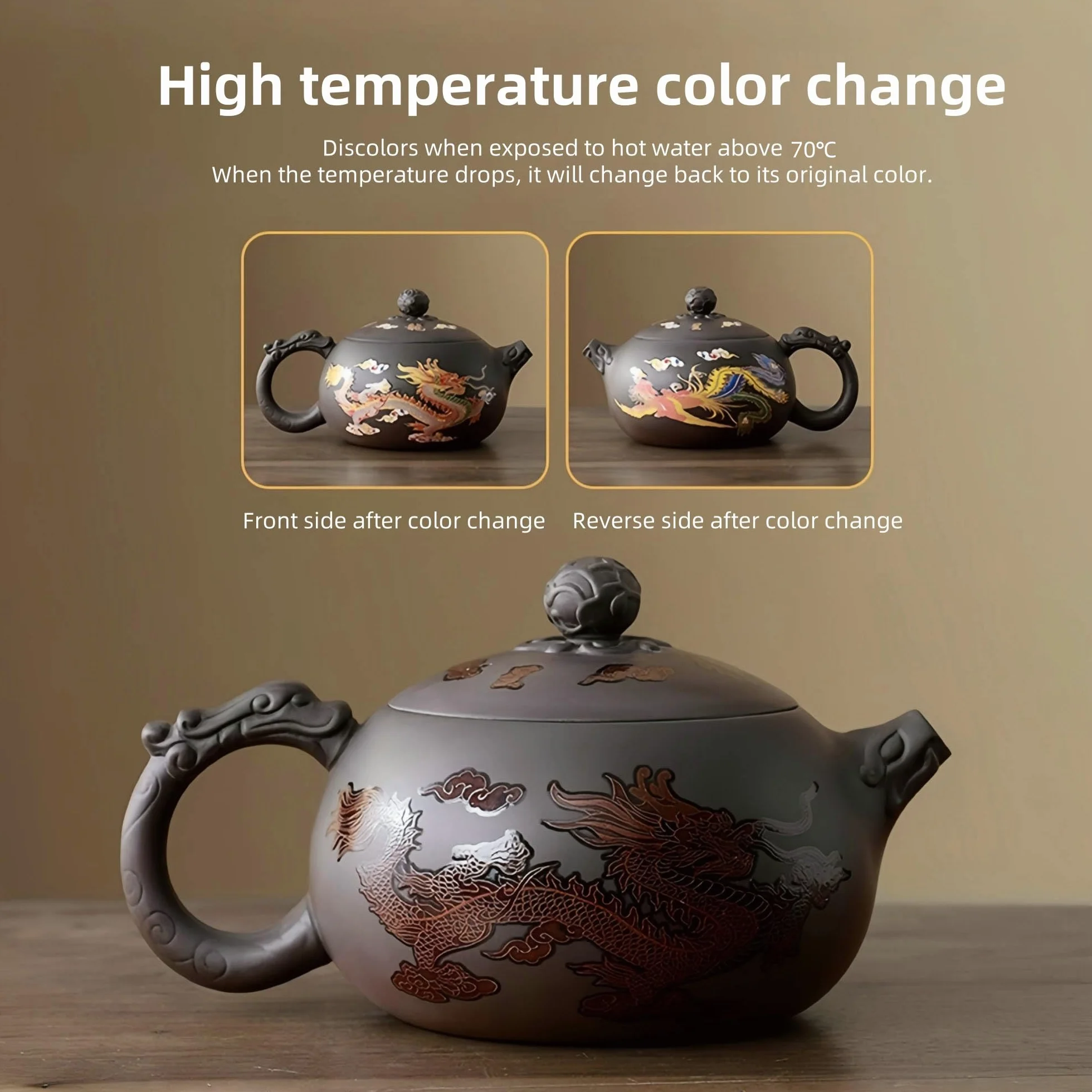 Set di Teiera Yixing Zisha 450ML, Teiera Cinese in Argilla Fatte a Mano con Scatola Regalo, Set da Tè Che Cambia Colore, Teapot Kung Fu con 2 Tazze, Drago e Fenice