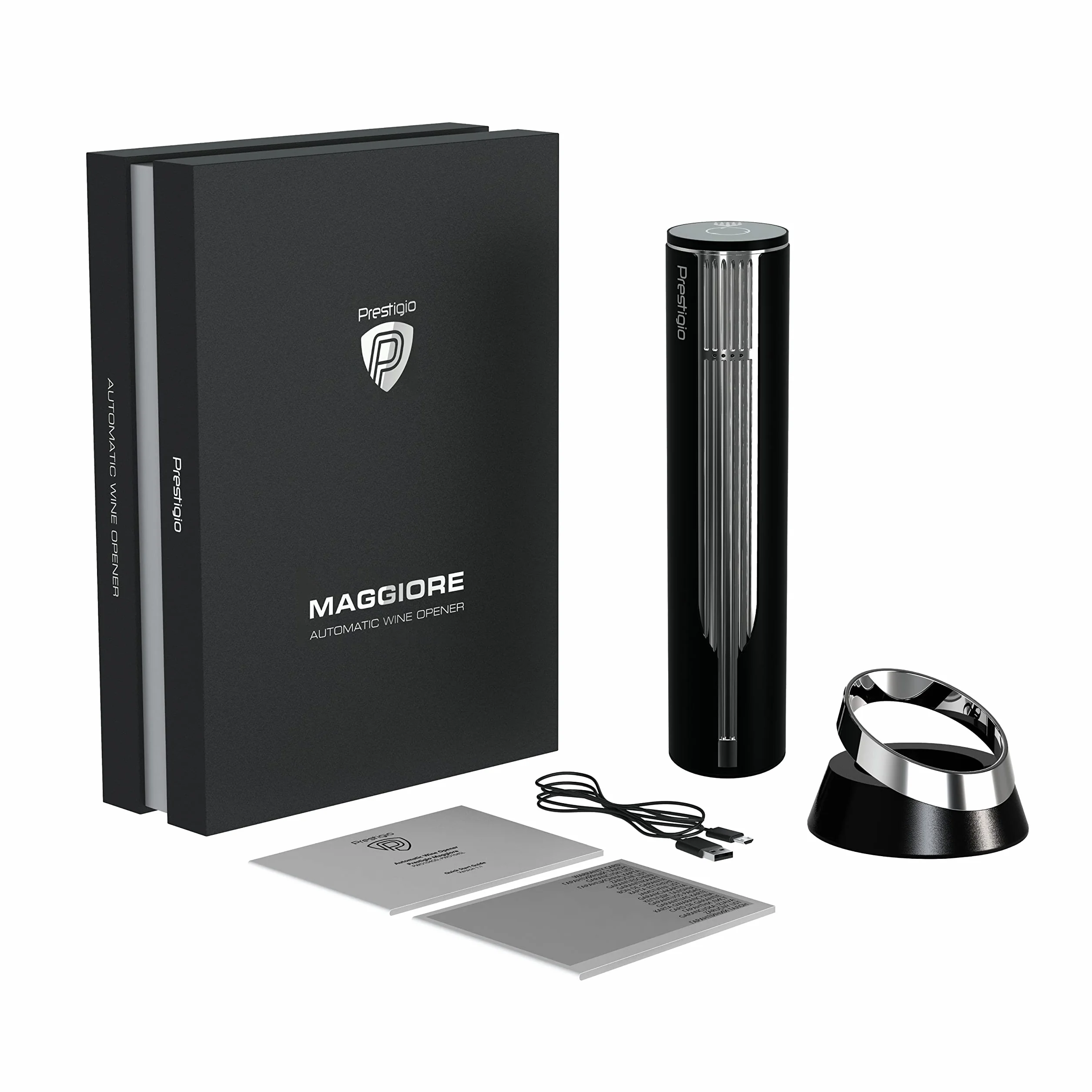 Prestigio Maggiore Apribottiglie portatile con stazione di ricarica Black Silver