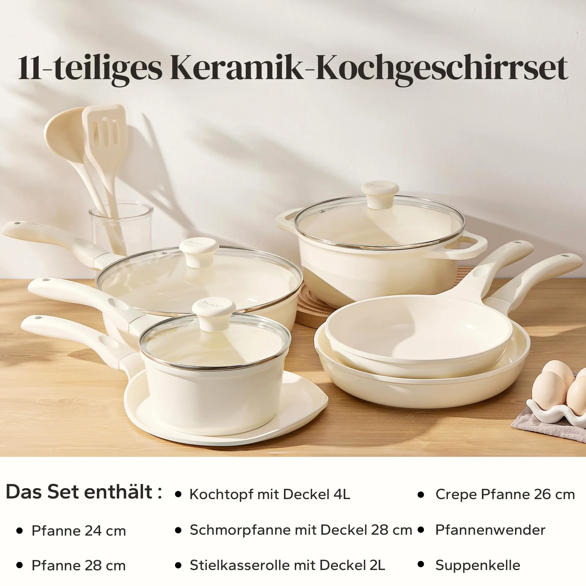 Redchef Set di 11 pentole in ceramica con coperchio in vetro - Senza PTFE - Senza PFAS - Adatto a tutti i tipi di piano cottura - Lavabile in lavastoviglie (beige)