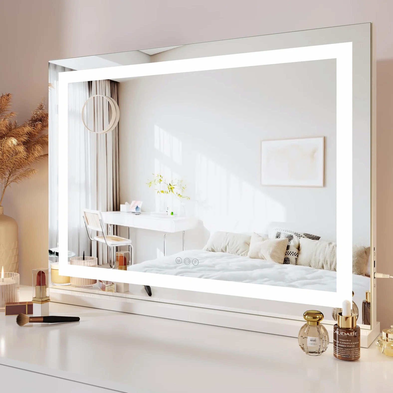 Dripex Specchio da Trucco Illuminato a LED, 80x58 cm (L x H), Controllo Tattile, 3 Modalità di Colore della Luce, Luminosità Regolabile, Include Specchio d'Ingrandimento, da Tavolo o da Parete, Bianco