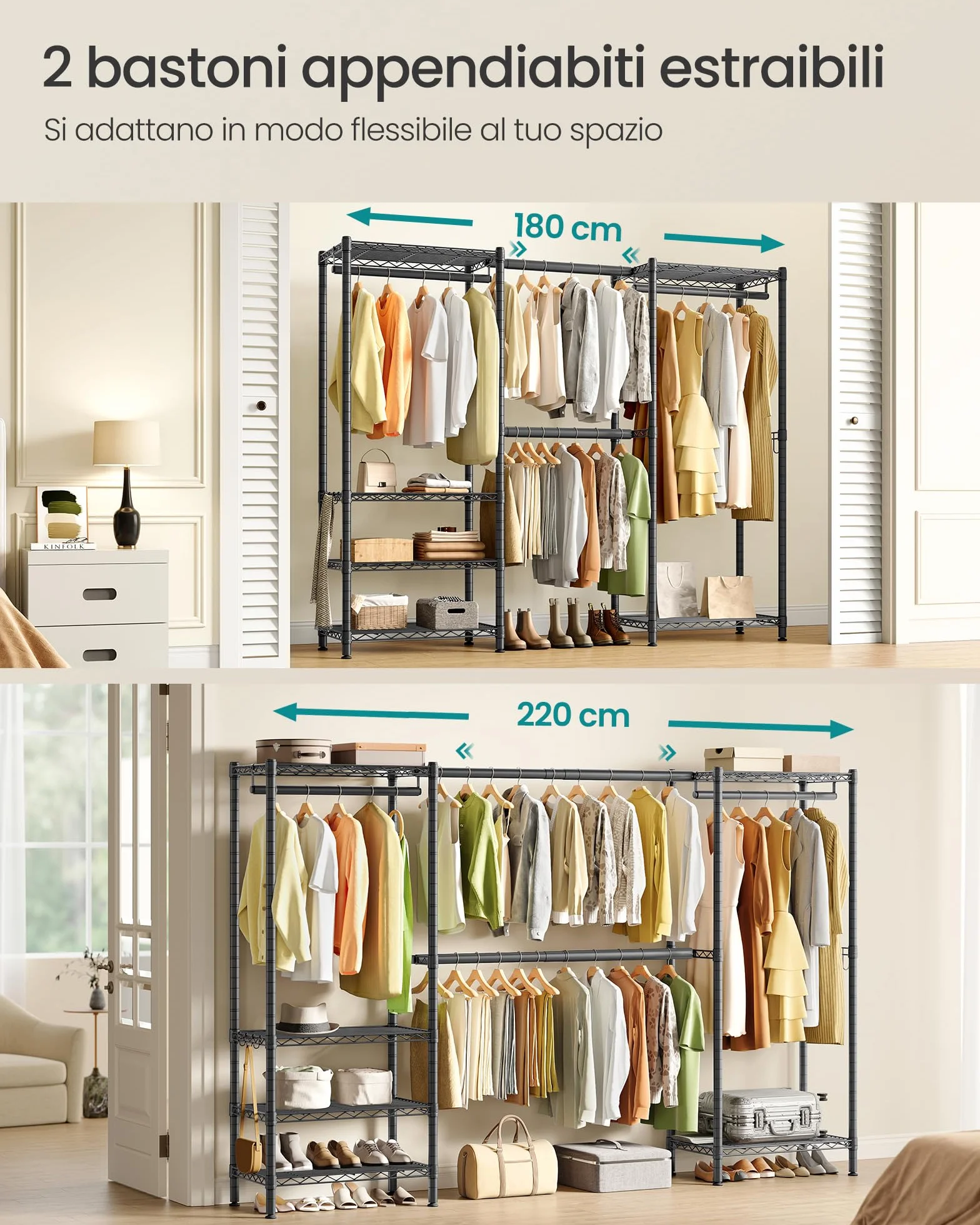 SONGMICS Appendiabiti per Carichi Pesanti, Armadio Portatile con Ripiani in Rete Regolabili e Barre Appendiabiti Estensibili, Ganci, 40 x (177-220) x 193 cm, Nero Inchiostro LGR438BH01