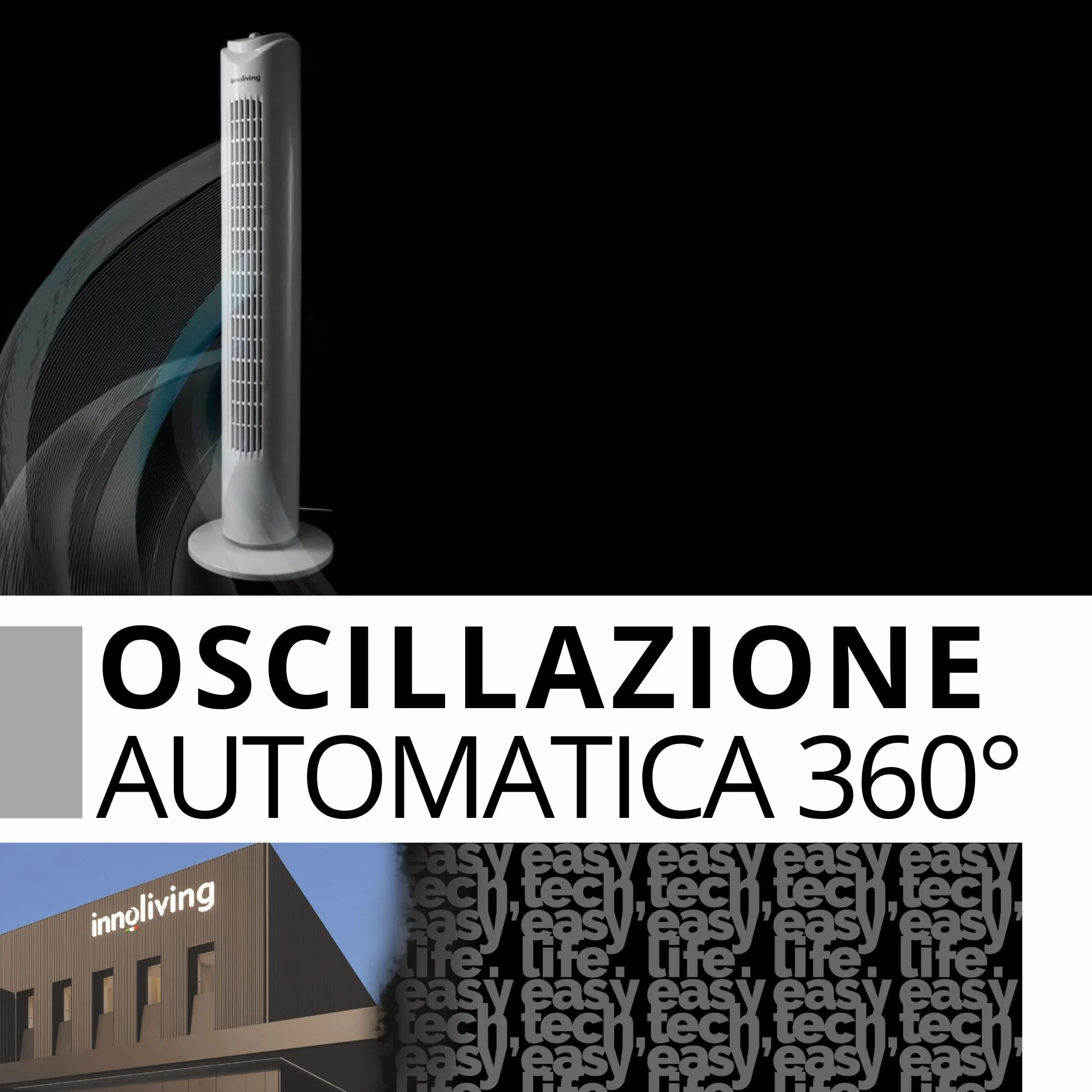 Innoliving Ventilatore a Torretta 3 Velocità INN-504 con Timer 120 Minuti, Ventilatore a Colonna con Oscillazione Automatica 90°, Potenza 45W, Altezza 78cm, Ventilatore a Torre Efficiente e Silenzioso