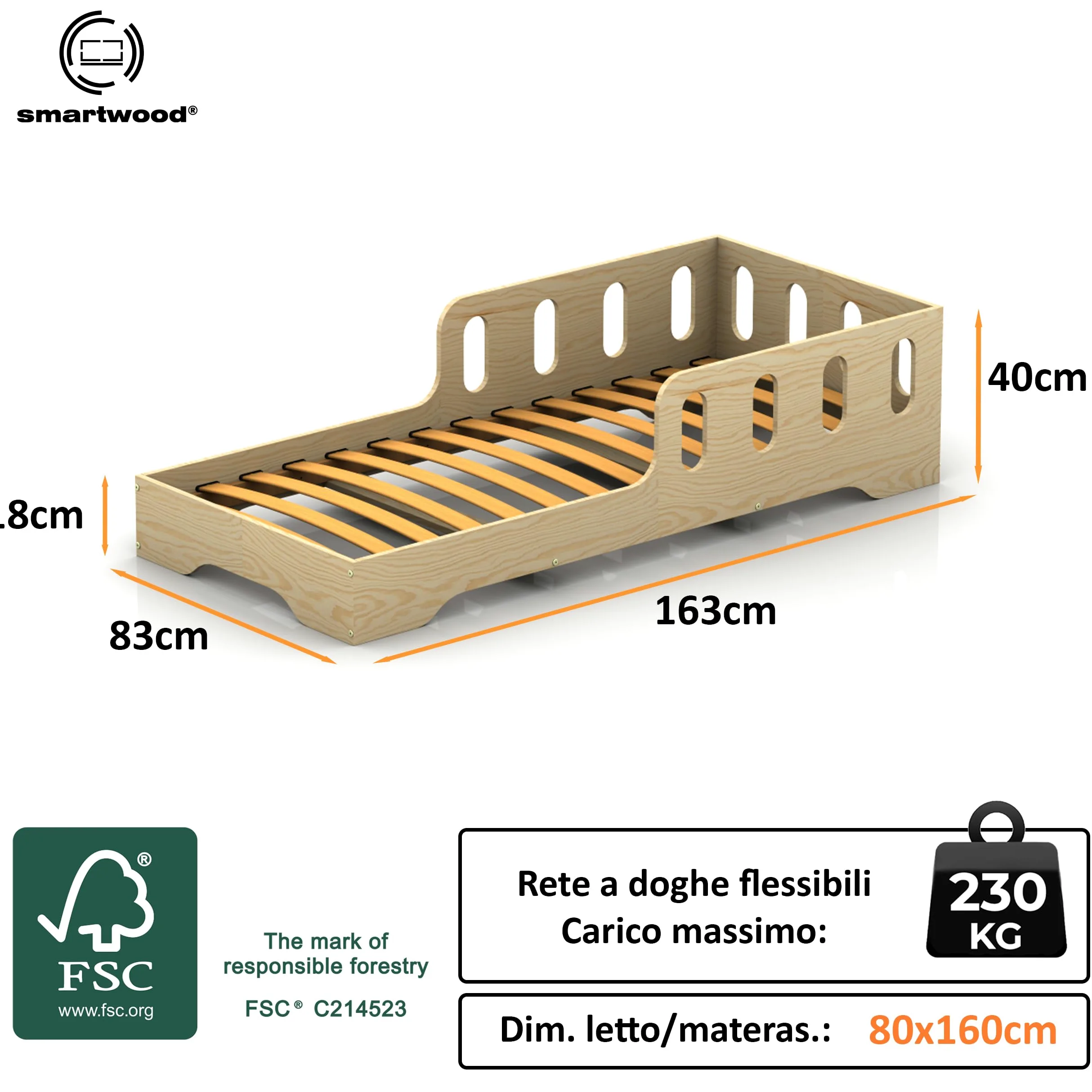 smartwood Letto Montessori Bambini 80x160 cm - Letto Singolo in Legno FSC con Sponda Anticaduta e Doghe Flessibili, portata 230 kg - Per Bambino e Bambina - Montaggio semplice TILA6