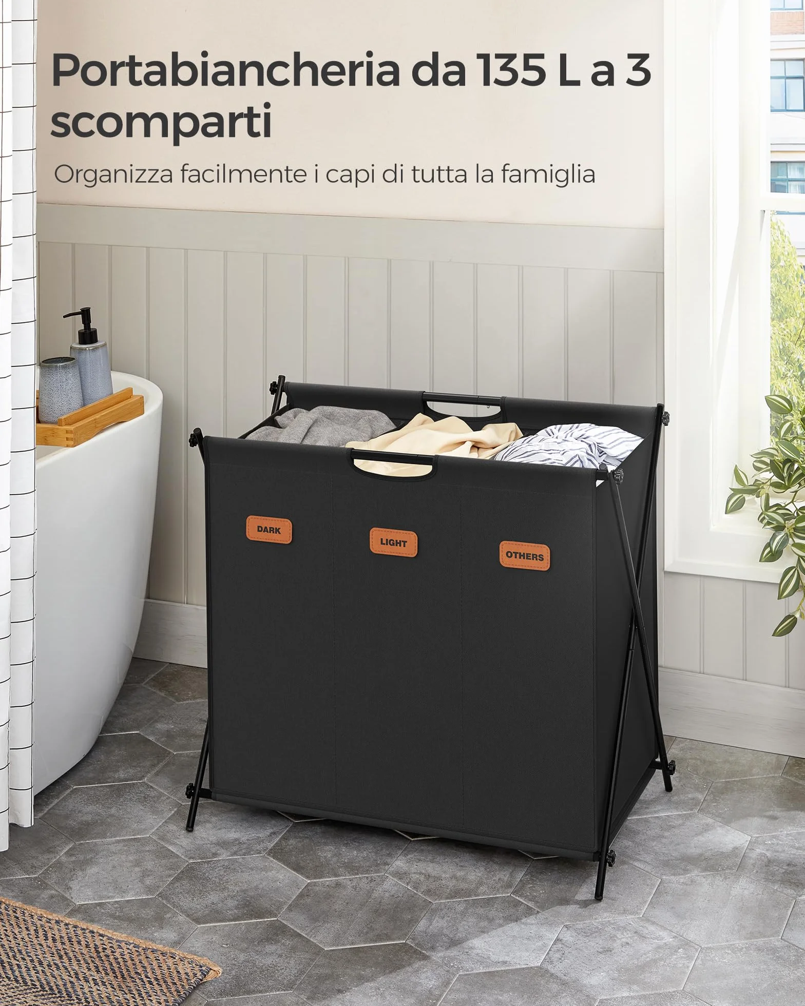 SONGMICS Cesto Portabiancheria, Porta Biancheria Sporca da 135 L, 3 Scomparti, Struttura Pieghevole a X, con Etichette, per Lavanderia Bagno Camera da Letto, Nero Inchiostro LCB130B01