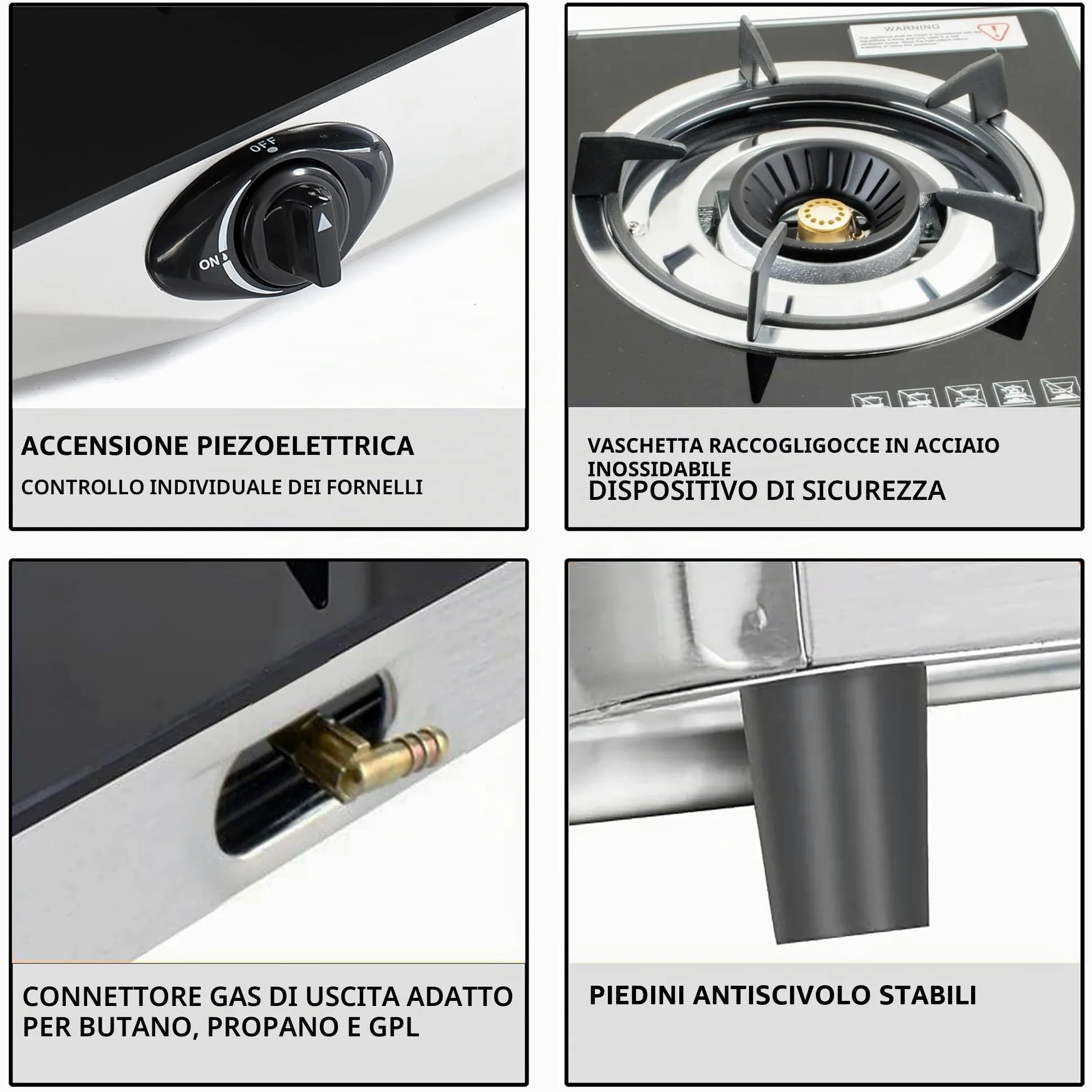 NJ NGB-S2 - Fornello a gas, 2 fuochi, in vetro, colore: nero, 6,8 kW