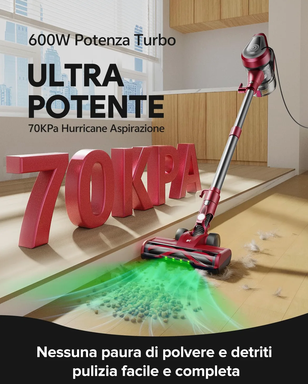 Vexilar Upgrade C8 Aspirapolvere con filo 70KPa, LED 5 in 1 Aspirapolvere Verticale, Anti-groviglio, Cavo 7m, Ultra-leggero,Scopa Elettrica con Filo Potente per Tappeti/Pavimenti/Peli di Animali