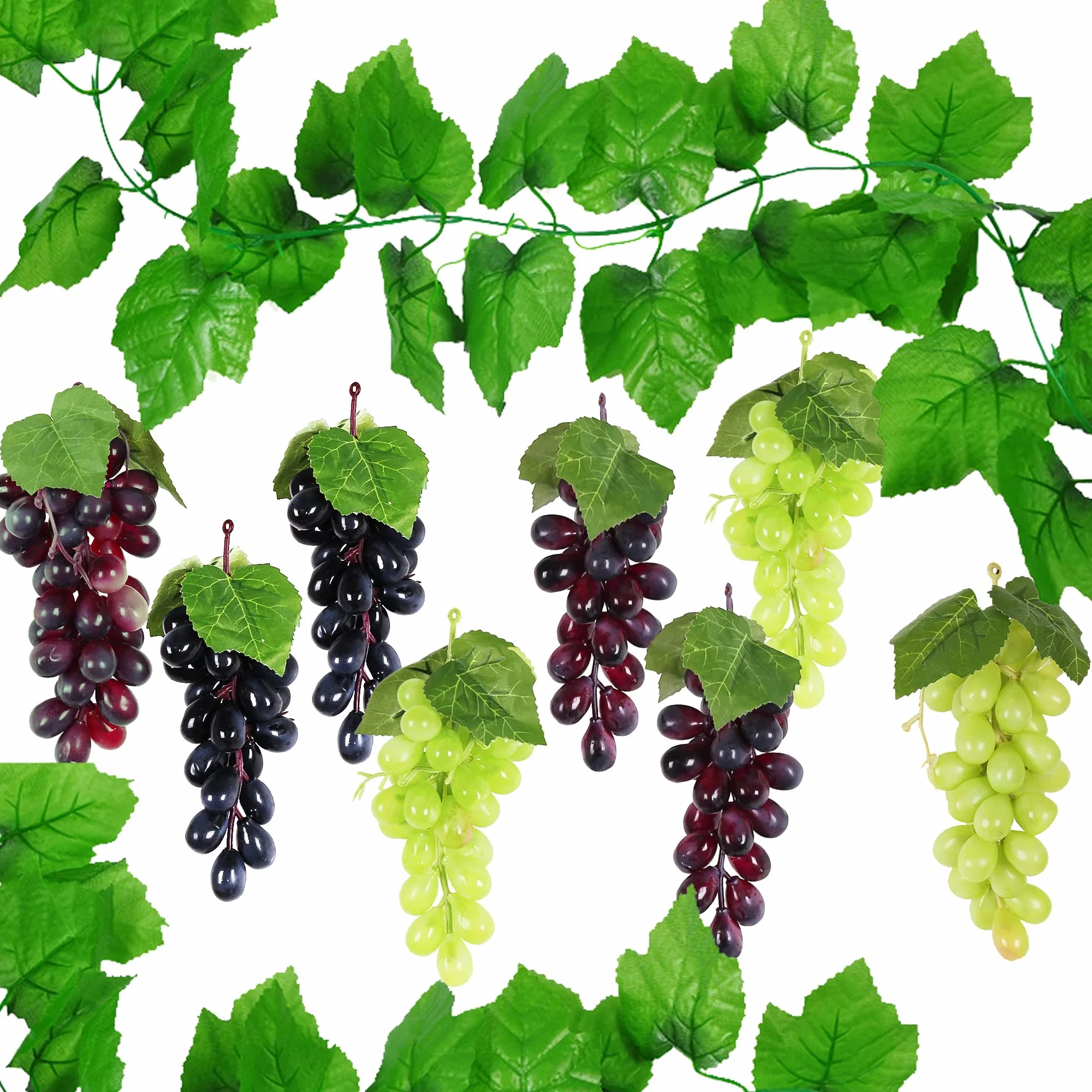 Woohome Uva Artificiale 8 Grappoli Plastica Decorazione Frutta con Foglie Uve Decorative Frutta Artificiale