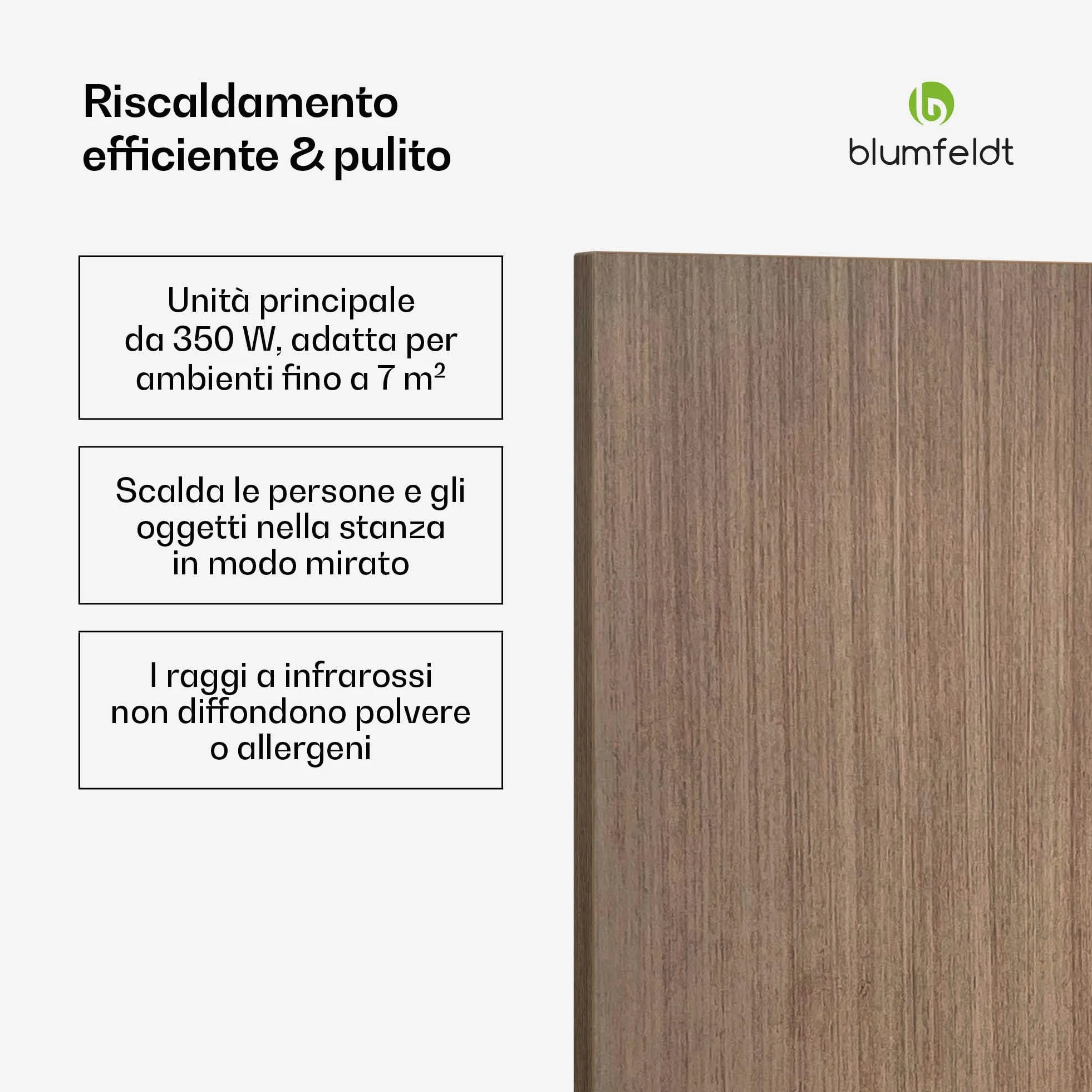 Blumfeldt - Pannello Radiante a Infrarossi, 350W – Montaggio a Parete, Controllo WiFi, IP44, Termostato Integrato, Timer 24h, Efficienza Energetica del 99%, Design in Legno, per Riscaldamento Rapido