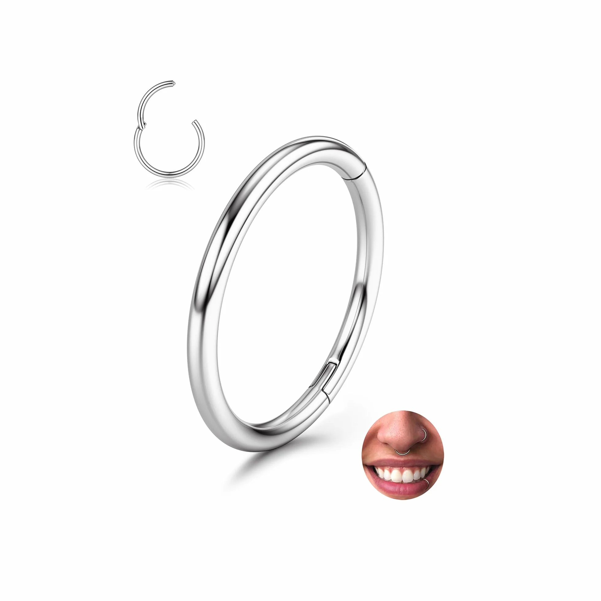 BodyBonita Piercing Naso Anello con Cerniera 316L Acciaio Chirurgico Septum Clicker Cartilagine Oro/Argento/Nero