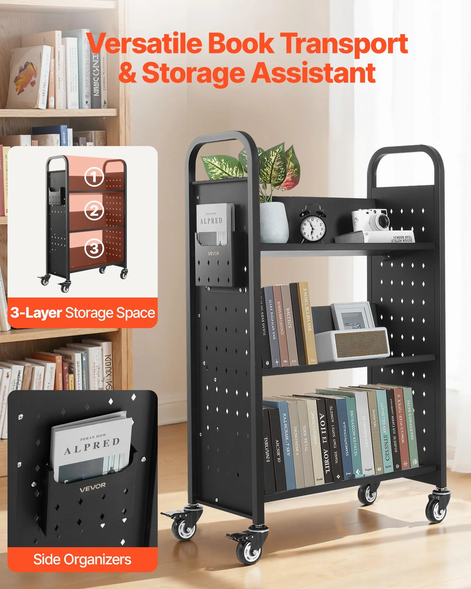 VEVOR Carrello Portalibri con Ruote 770 x 380 x 1220 mm Carrello Rotante Porta Libri, Carico 150 kg Ripiani a V Monofacciali con Ruote Bloccabili 7,6 cm per Scaffali di Casa, Ufficio e Scuola, Nero