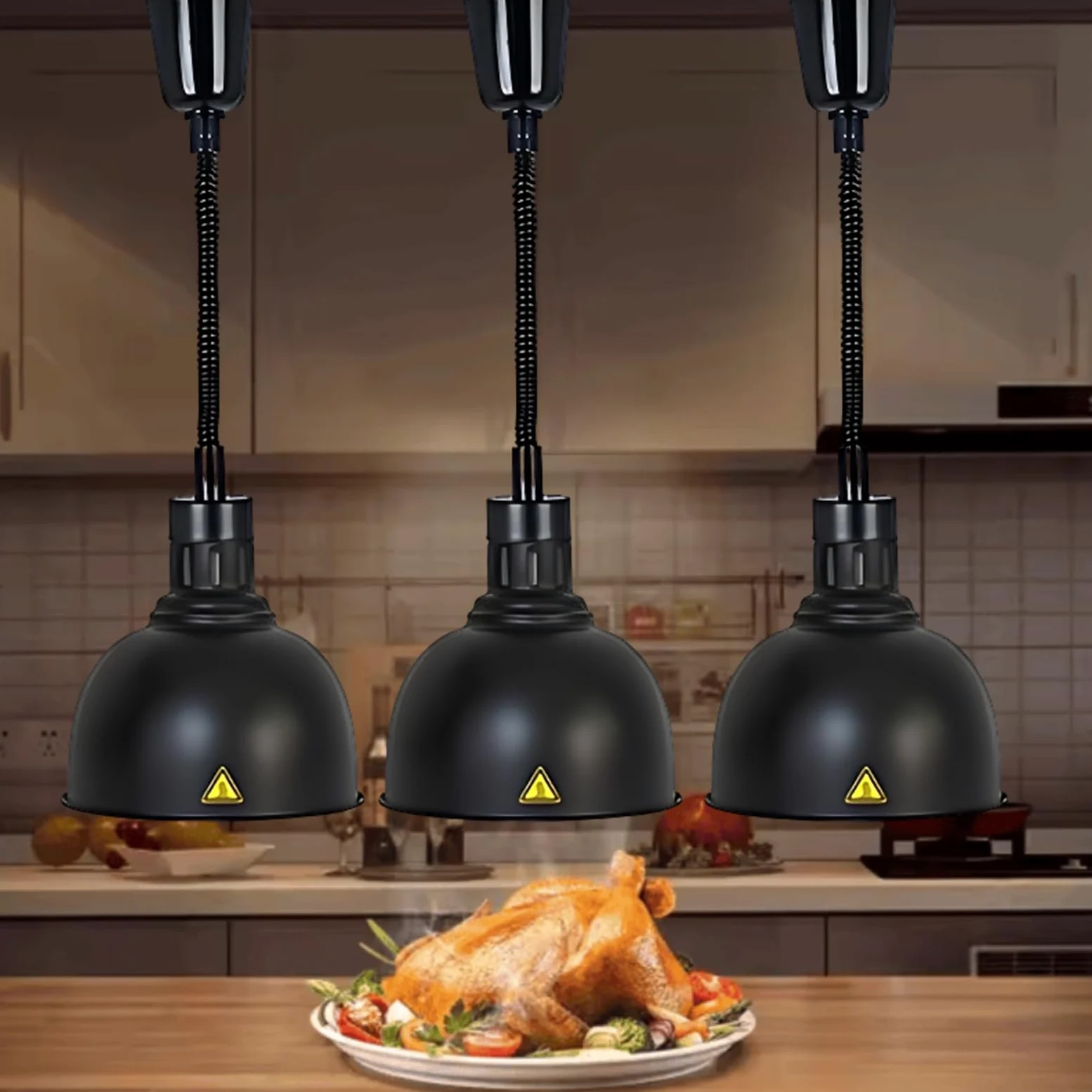 Lampada Riscaldante per Alimenti, Sospeso Lampade Scaldavivande Cucina 19 cm/25 cm, Lampade Riscaldanti per Cucina, Ristoranti, Hotel a Buffet 60-180cm Altezza Regolabile(Nero-25cm, 3 Pezzi)
