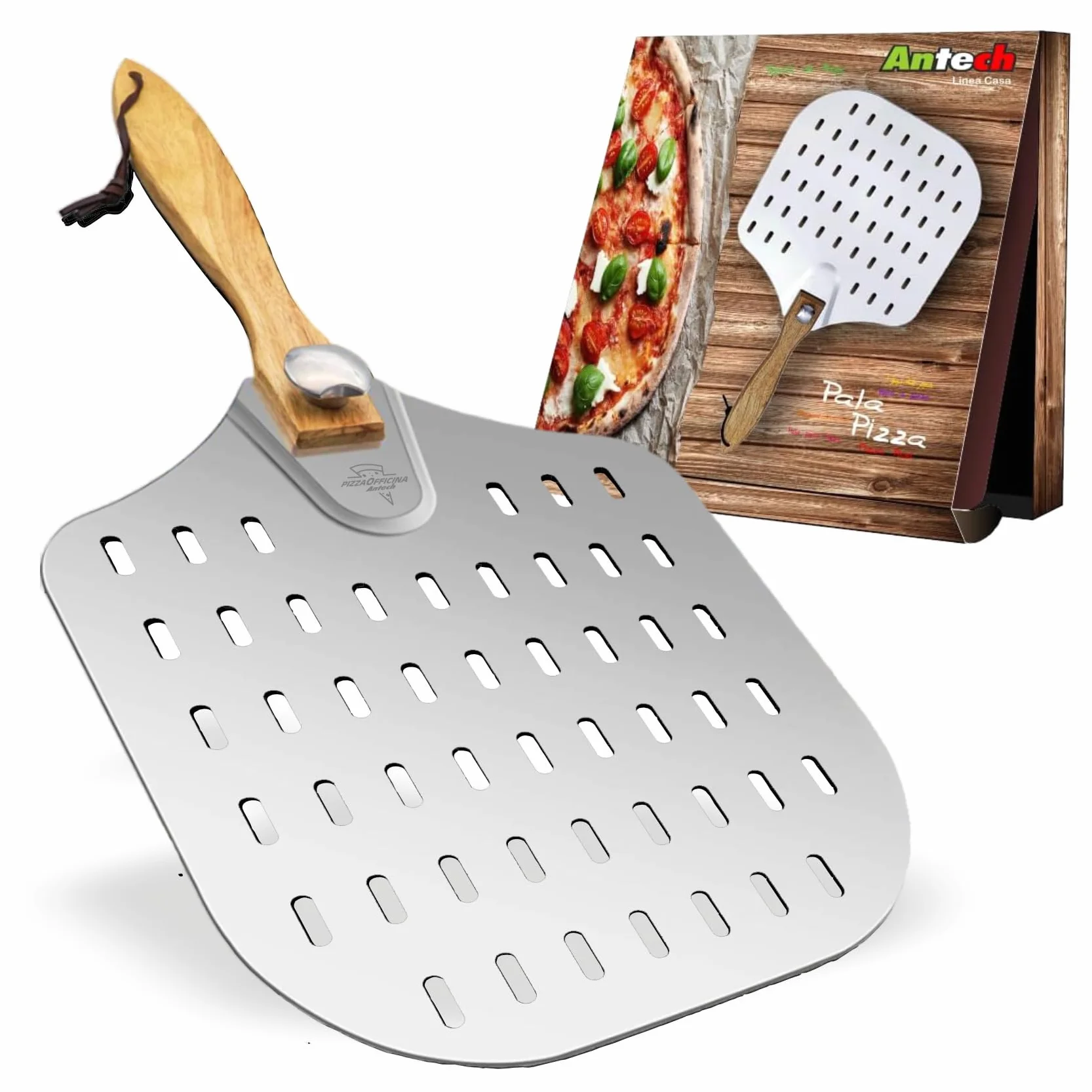 Antech Pizza Officina Pala per Pizza Forata in Alluminio Leggero con Manico Richiudibile – 4 kg – Foratura Professionale