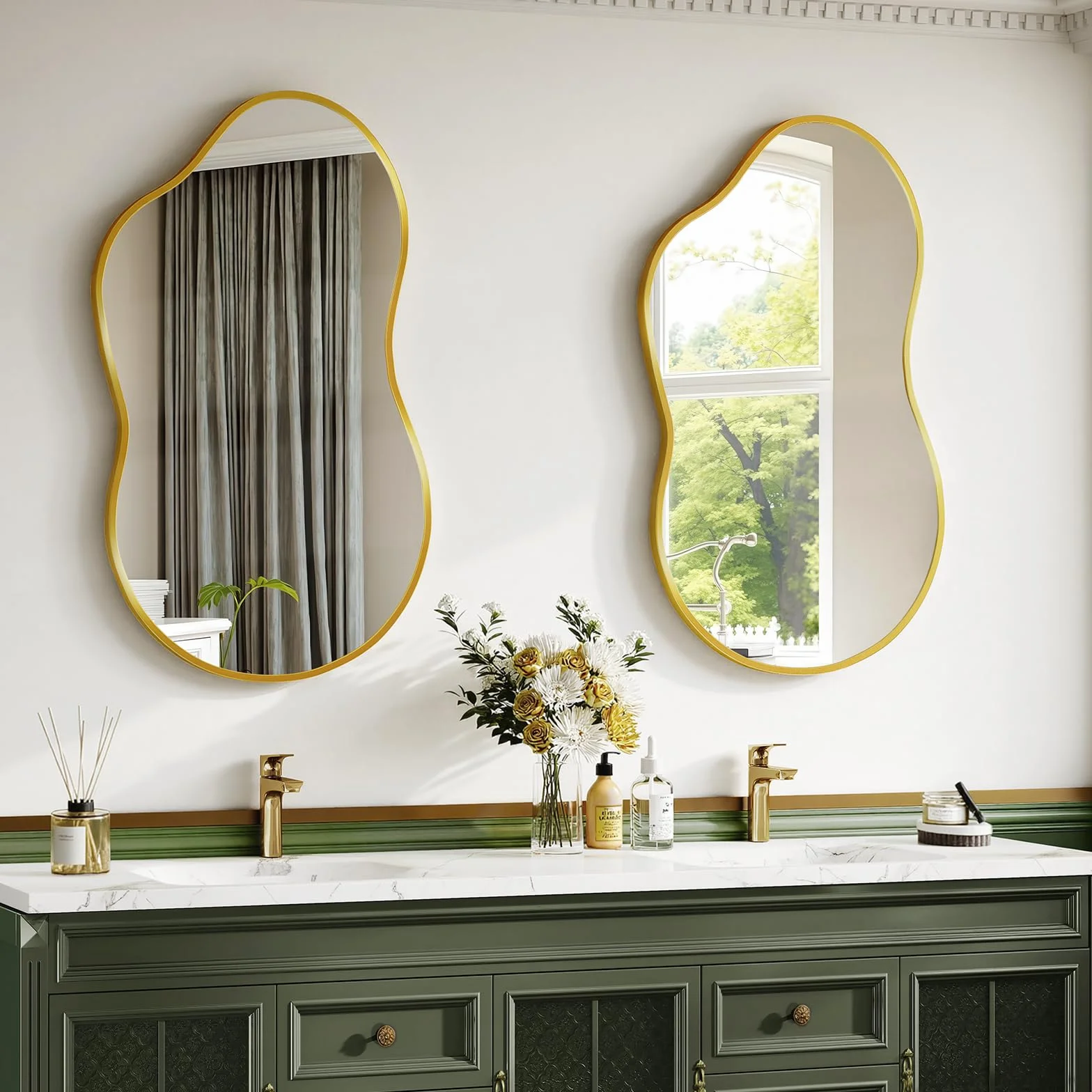 MAMIZO Specchio asimmetrico, 50 x 91 cm, specchio da parete di forma irregolare, vetro temperato, cornice in alluminio, specchio decorativo, specchio da trucco unico, specchio da bagno, oro