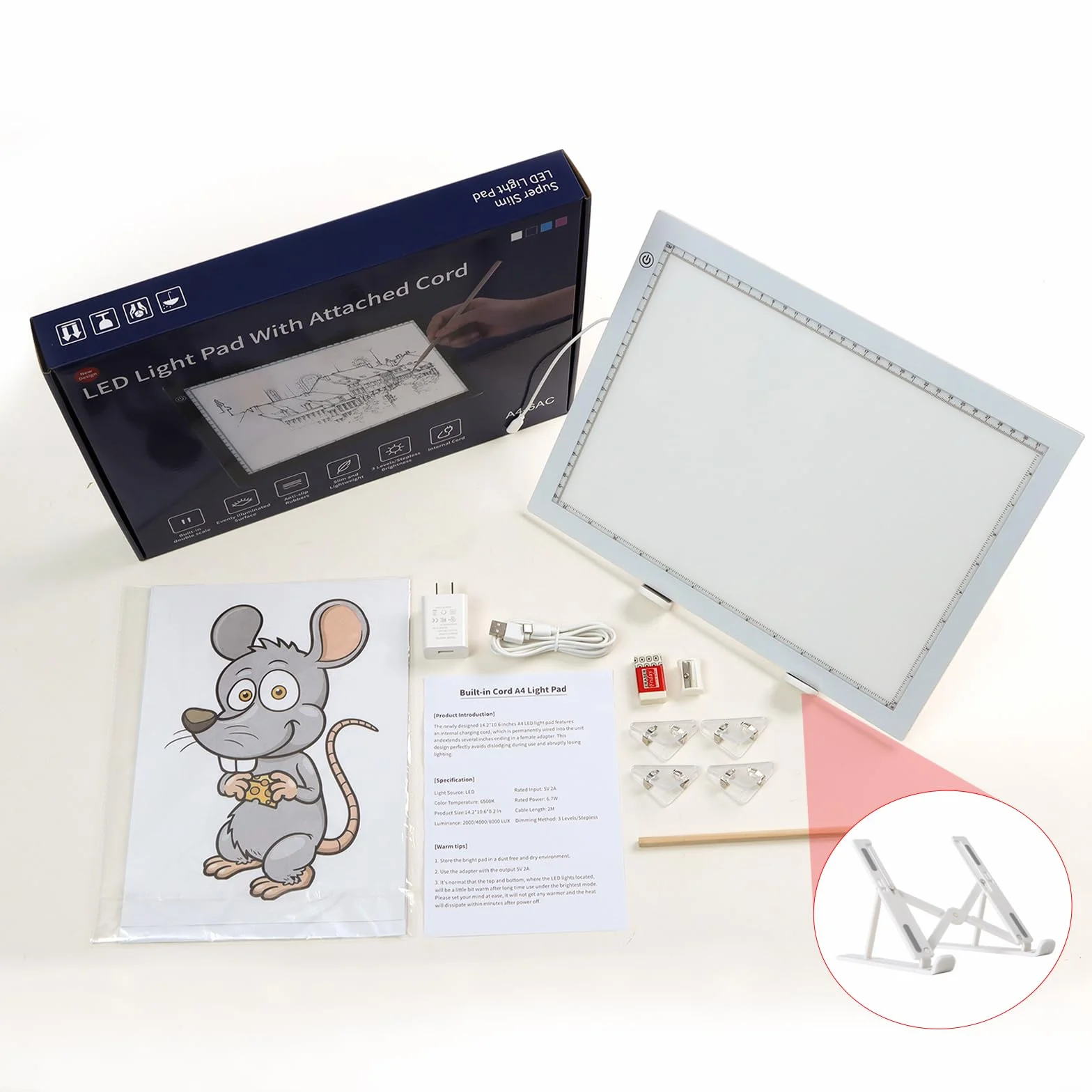 TOHETO A4 Lavagna Luminosa per Disegnare con Supporto Pieghevole, 8000 Lux LED Tracing Light Pad Bianco