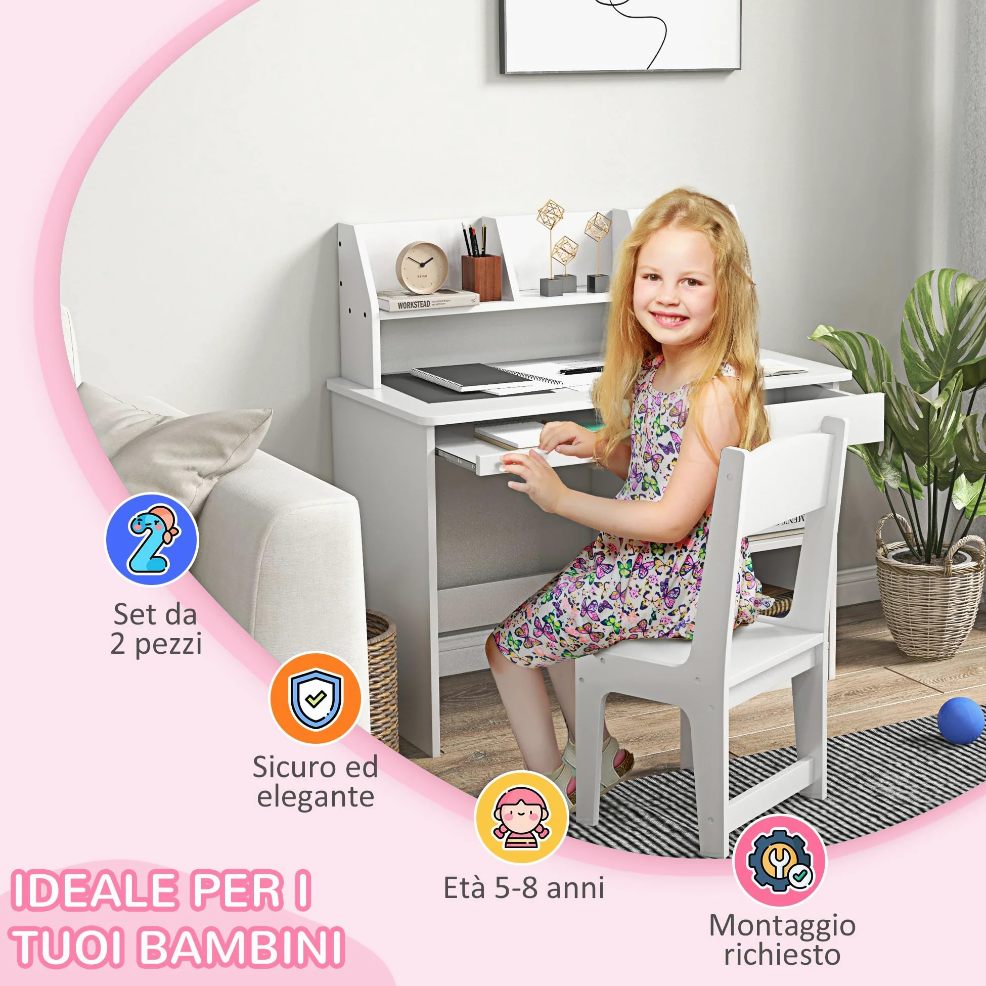 ZONEKIZ Tavolo Scrivania per Bambini con Sedia, Banco Scuola per Bambini da 5 a 8 Anni in Legno con Scaffale e Seggiola, Bianco