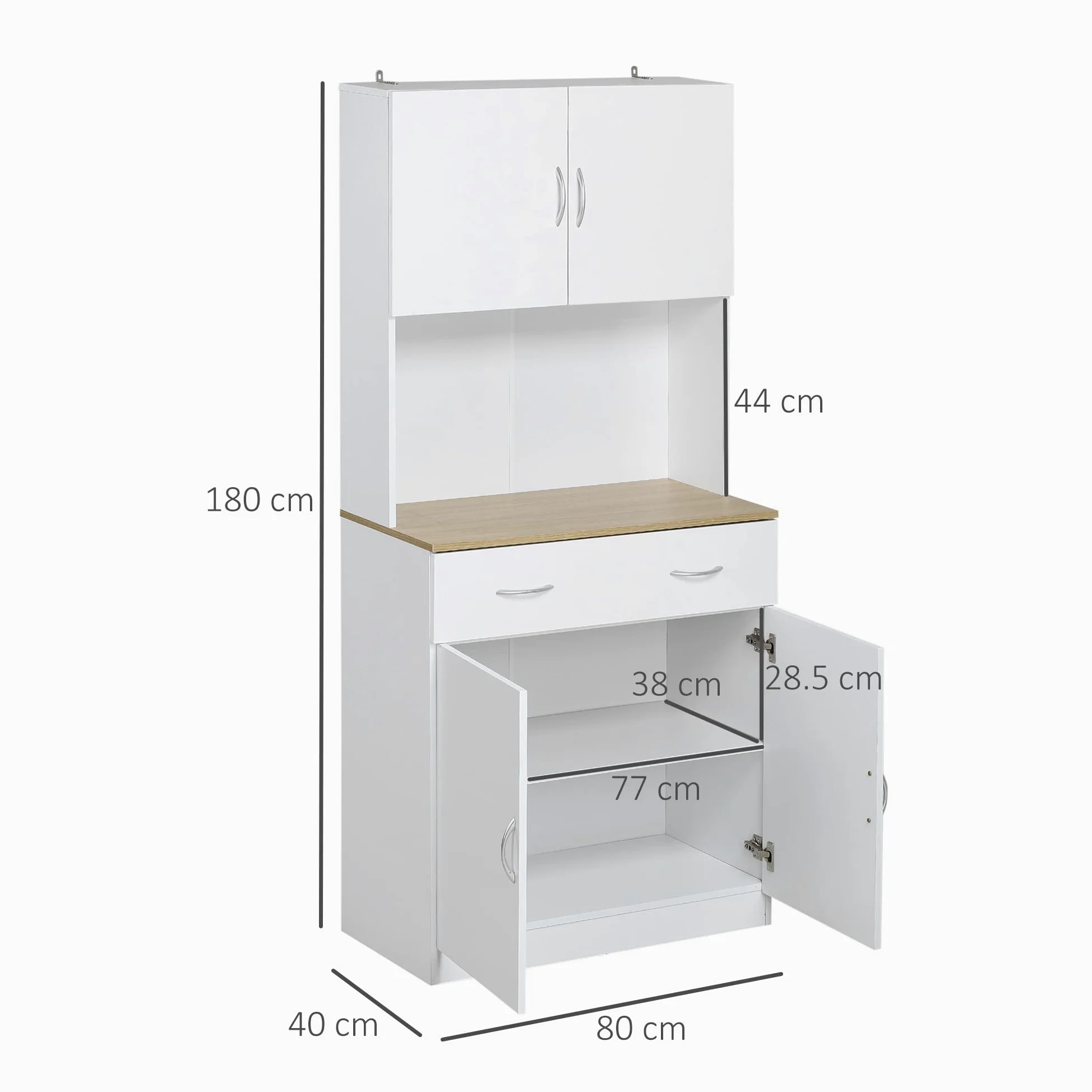 HOMCOM Mobile Cucina Alto 180cm con Armadietti a 2 Ante e Cassetto, Credenza Alta da Cucina in Legno con Ripiani Regolabili, per Cucina, Sala da Pranzo e Soggiorno, 80x40x180 cm, Bianco