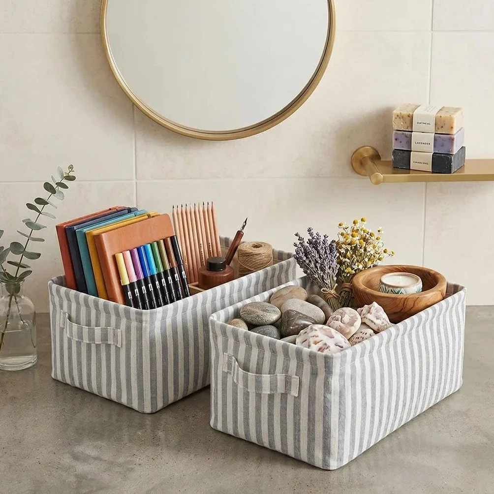 2 scatole portaoggetti strette, cestini in tessuto pieghevoli con struttura e manici in metallo, cestini portaoggetti per bagno, armadio e mensola – Righe grigie e bianche (38 x 15 x 13 cm)