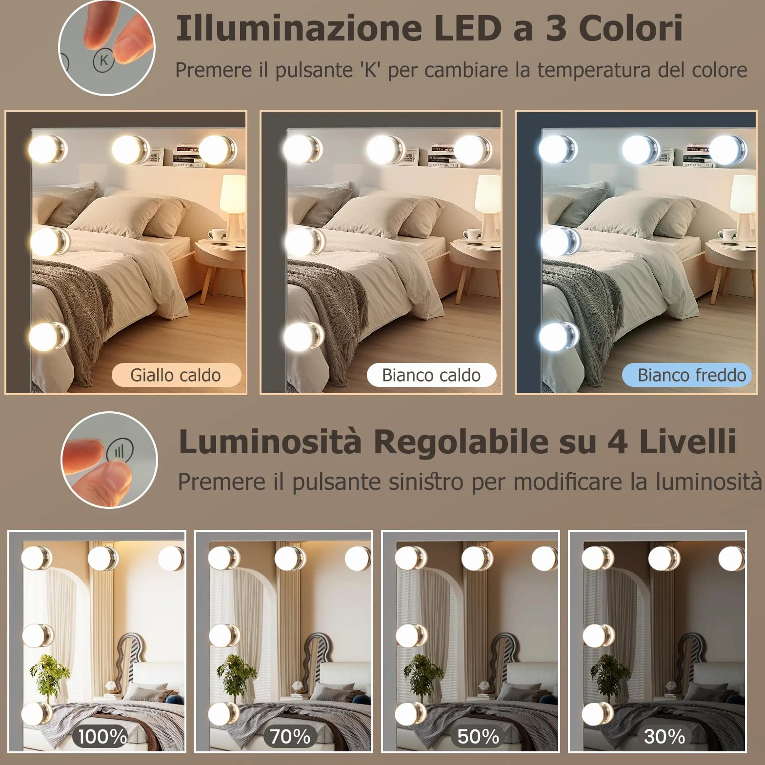 RELAX4LIFE Specchio Trucco con Luci 65 x 52,5 cm, Specchio Cosmetico da Parete/Tavolo con 18 Lampadine, 3 Colori di Luce, 4 Luminosità Regolabile, Touch Screen, per Camera da Letto (65 x 52,5 cm)