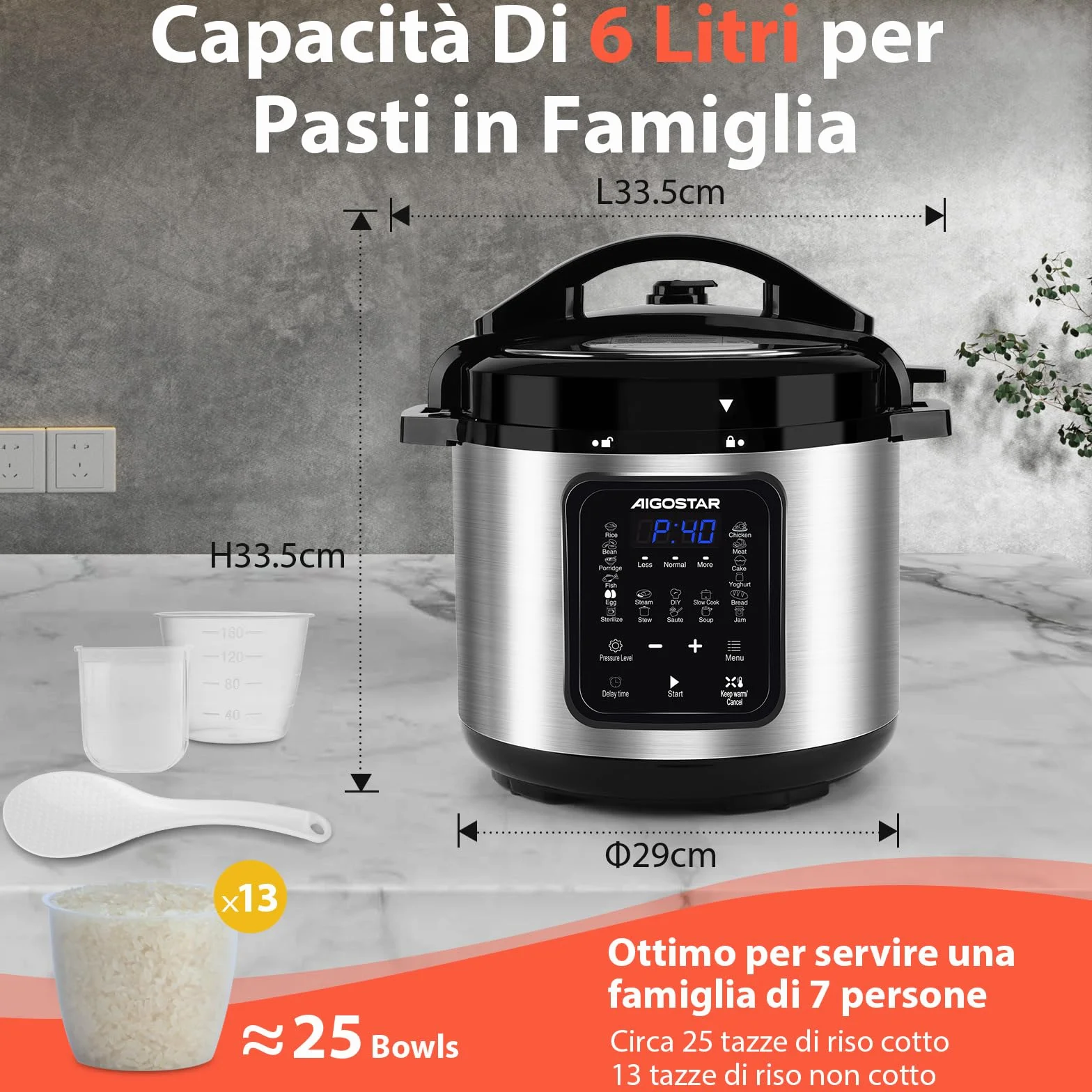 Aigostar Pentola a Pressione Elettrica 6L 1000W, 18 Programmi, 3 Livelli Pressione, Timer 24H, Mantieni Caldo, Display LED