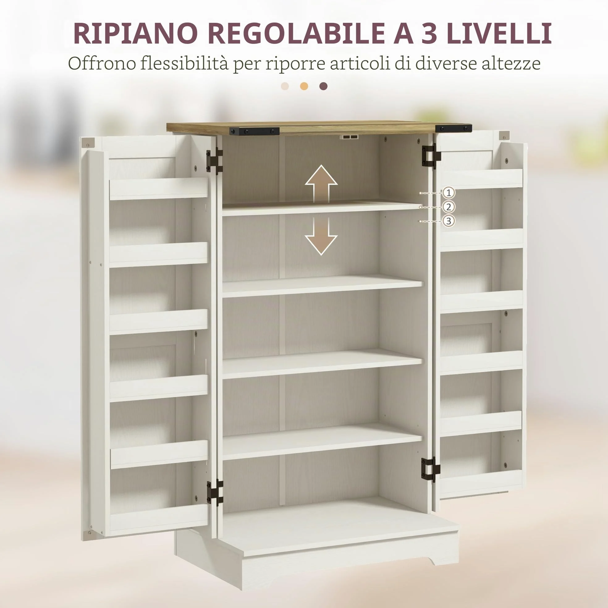 HOMCOM Armadio dispensa cucina armadio da cucina con 2 ante e 16 ripiani dispensa rustica con ripiano regolabile per sala da pranzo soggiorno 60x40x104 cm crema