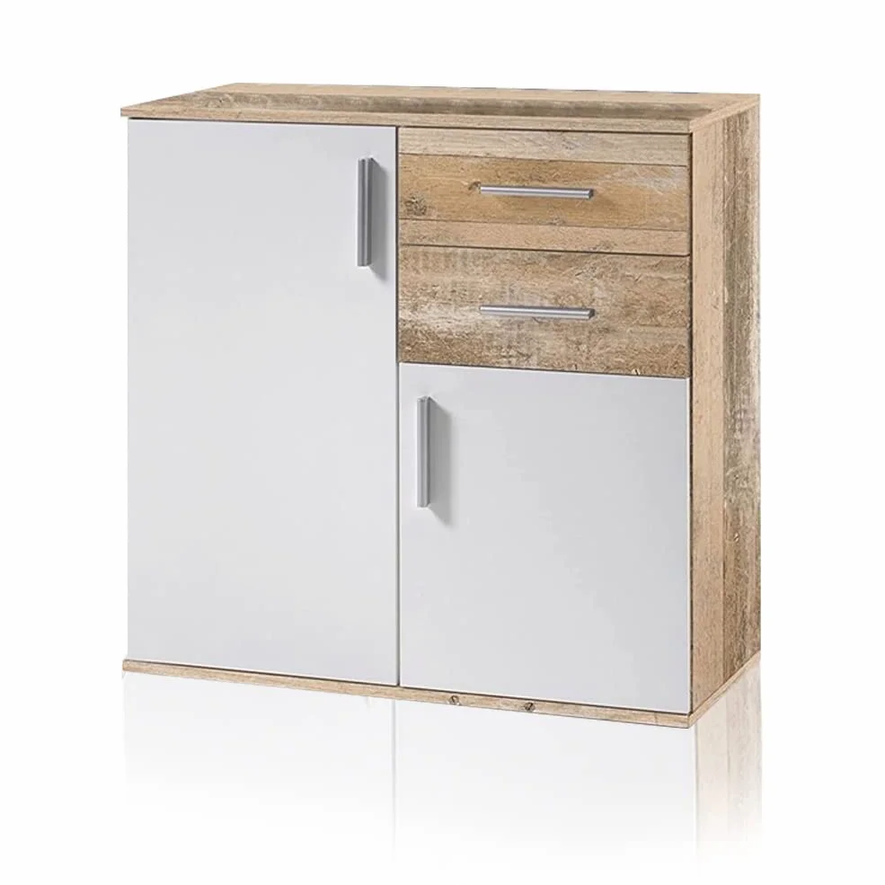 BAKAJI Mobile Madia con 2 Cassetti Doppia Anta e 2 Ripiani Interni Mobiletto Credenza Armadio Multiuso Cucina Bagno Ufficio Design Moderno Dimensioni 82x35x80cm (Bianco e quercia effetto legno)