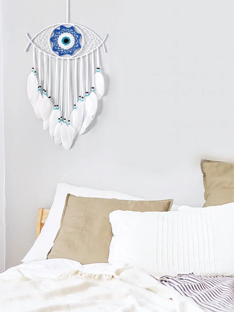 Evil Eye acchiappasogni macramè occhio turco bianco piume decorazione camera da letto ornamento parete
