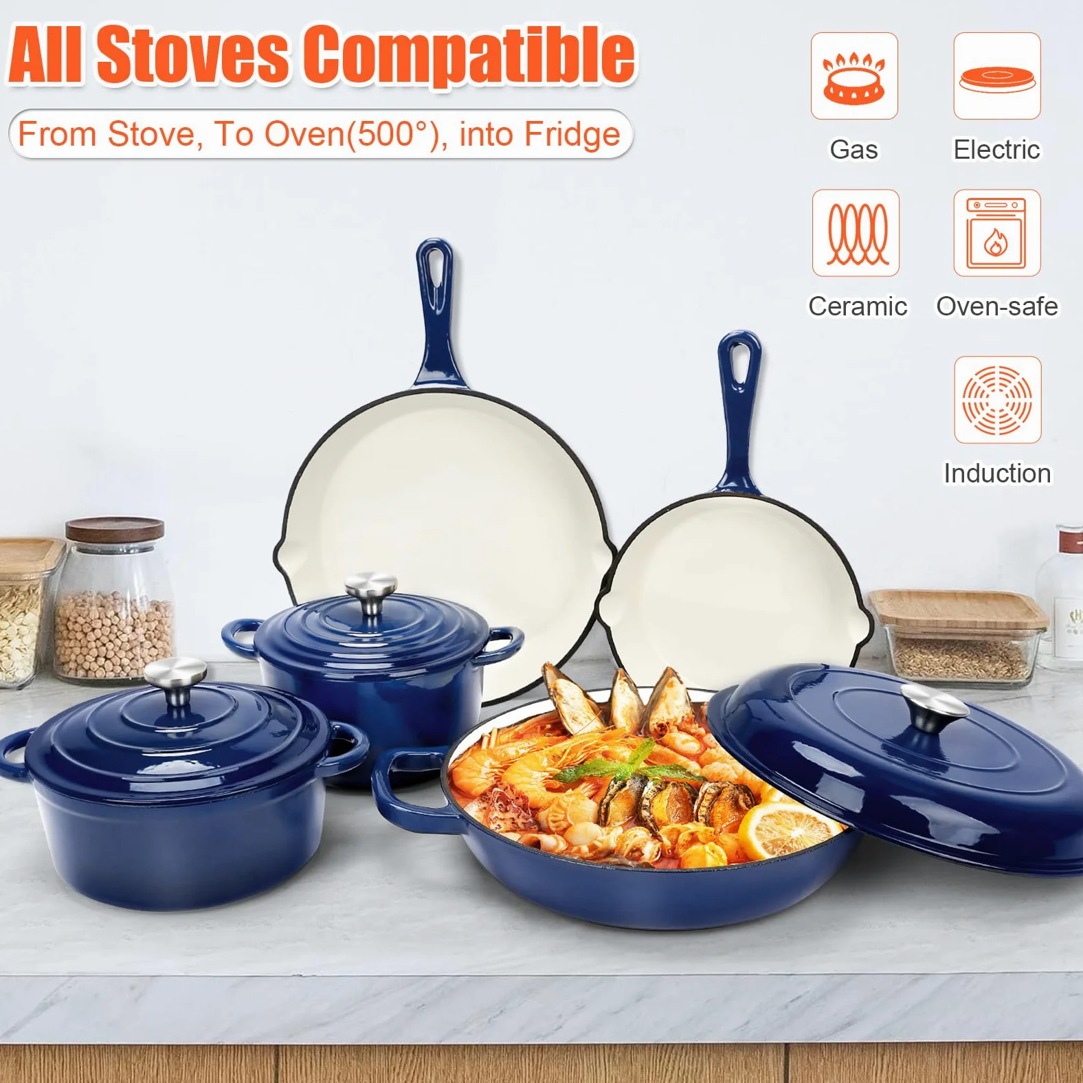 GFTIME Set di Pentole in Ghisa Smaltata – Set da 8 Pezzi Antiaderente di Casseruole e Padelle con Coperchi, Forno Olandese, Padella, Casseruola per Tutti i Tipi di Piani Cottura, Ideale per la Cottura