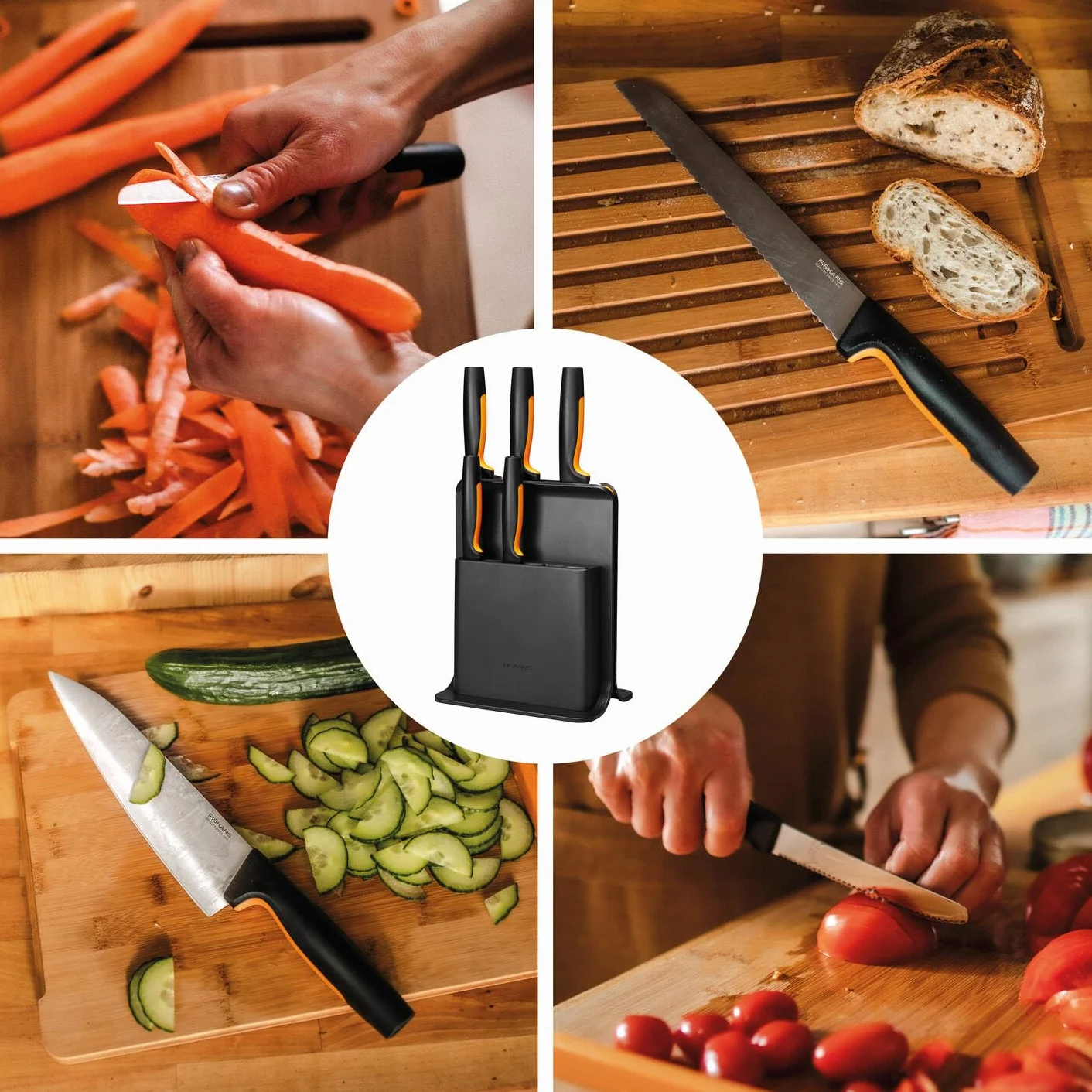 Fiskars Ceppo per Coltelli di Design con 5 Coltelli, Functional Form, Incl. Spelucchino, Coltello per Pomodoro, Coltello Santoku, Coltello da Cucina e per Pane, Plastica, Nero, 1057554