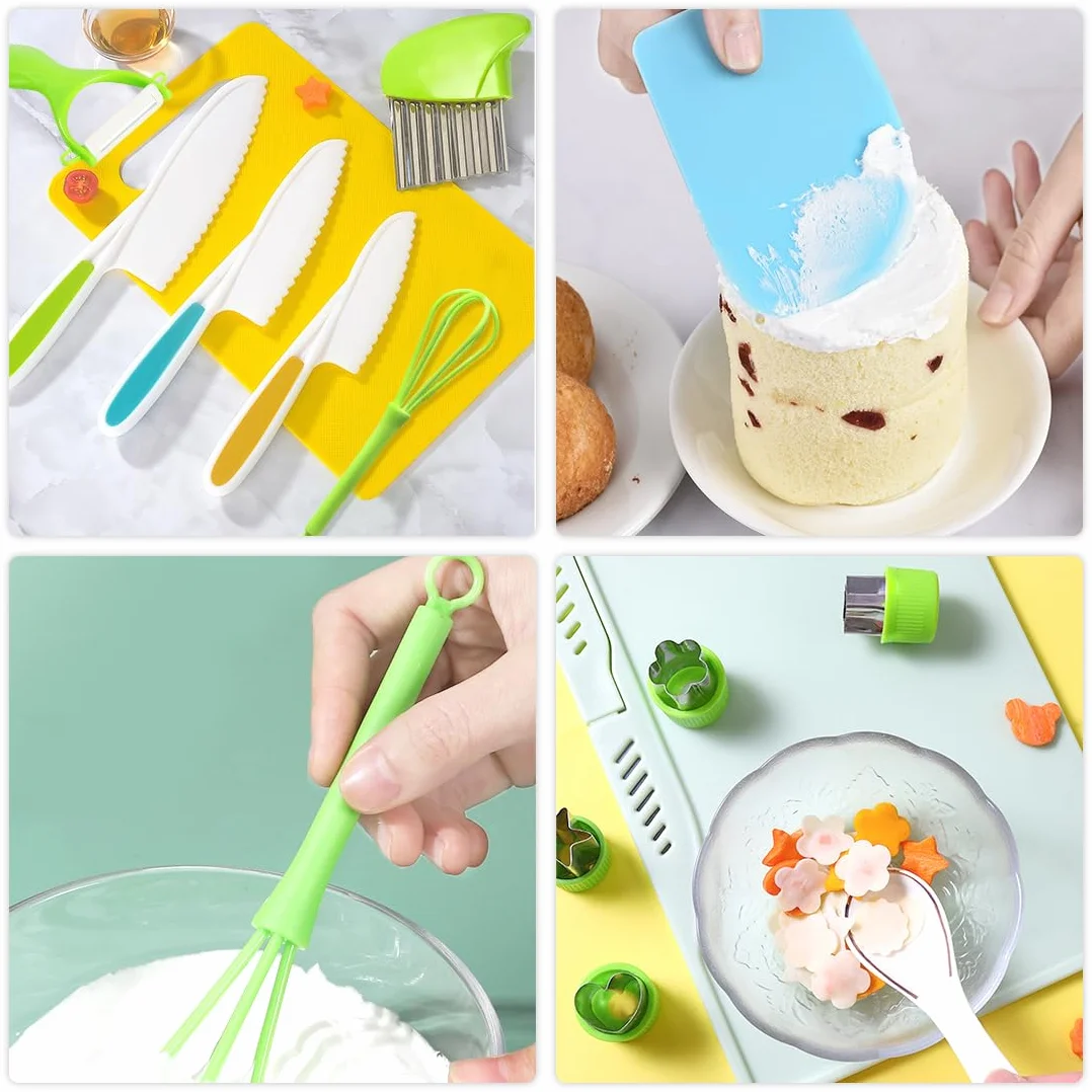 Montessori - Set di 17 utensili da cucina per bambini, coltello, tagliere e sbucciapelle per frutta, pane e verdure