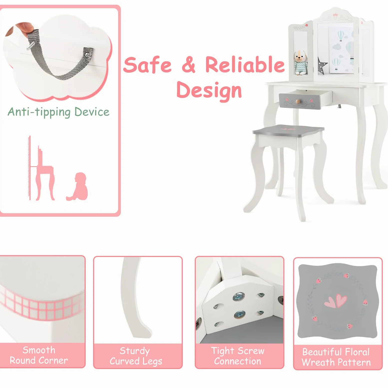 LIFEZEAL 2 in 1 Toeletta con Specchio Rimovibile e Sgabello per Bambini, Tavolo da Trucco in Legno con 10 Giocattoli per Ragazze di 3+ Anni, Portata di 50 kg, Rosa e Bianco (Specchio Triplo)