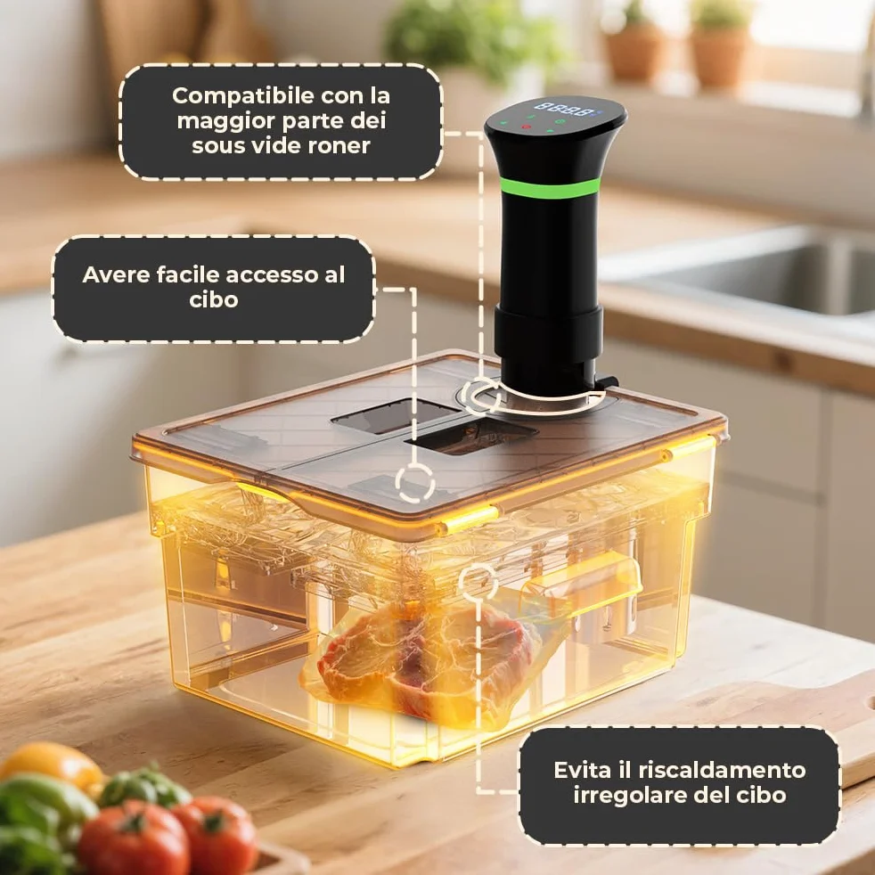 Contenitore Sous Vide 11L Grigio con Coperchio e Griglia Incorporata Doppia Apertura
