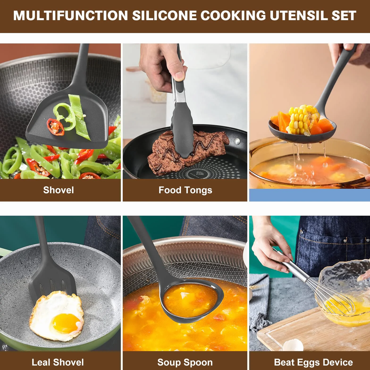 49pcs Set di Utensili da Cucina in Silicone con 20 Ami, 9 Misurini, 1 Secchio di Stoccaggio, Resistente al Calore Antiaderenti, con Ganci- Grigio Scuro