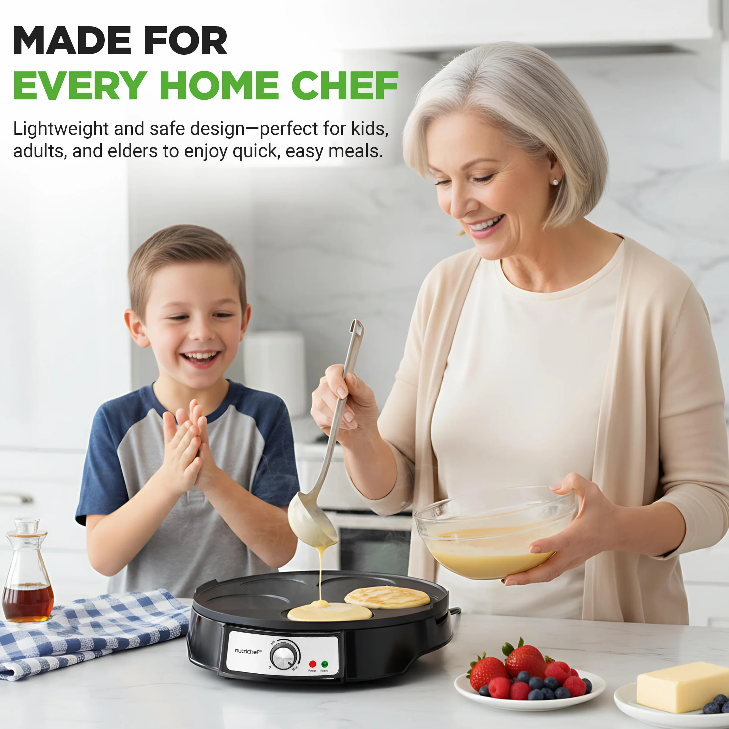 NutriChef Crepiera Elettrica 30 cm 1000W, Piastra Antiaderente Reversibile, Temperatura Regolabile LED