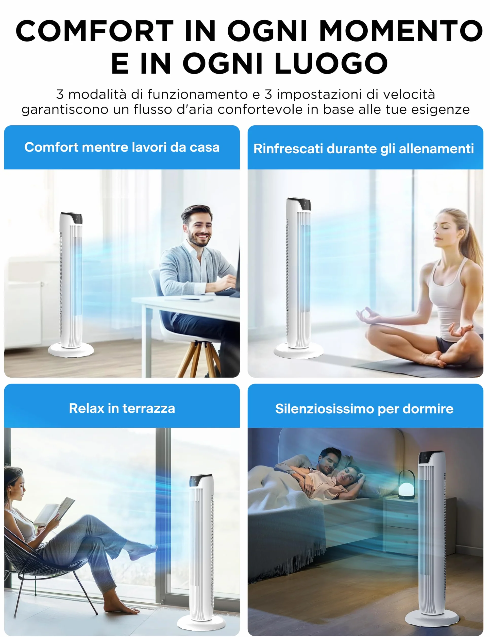 Midea Ventilatore Torre con Telecomando FZ10-17JRSE(WH) Flusso d’Aria 7 m/s, Oscillazione 90°, 3 Velocità e 3 Modalità, Timer 7h, Motore 45W, Silenzioso