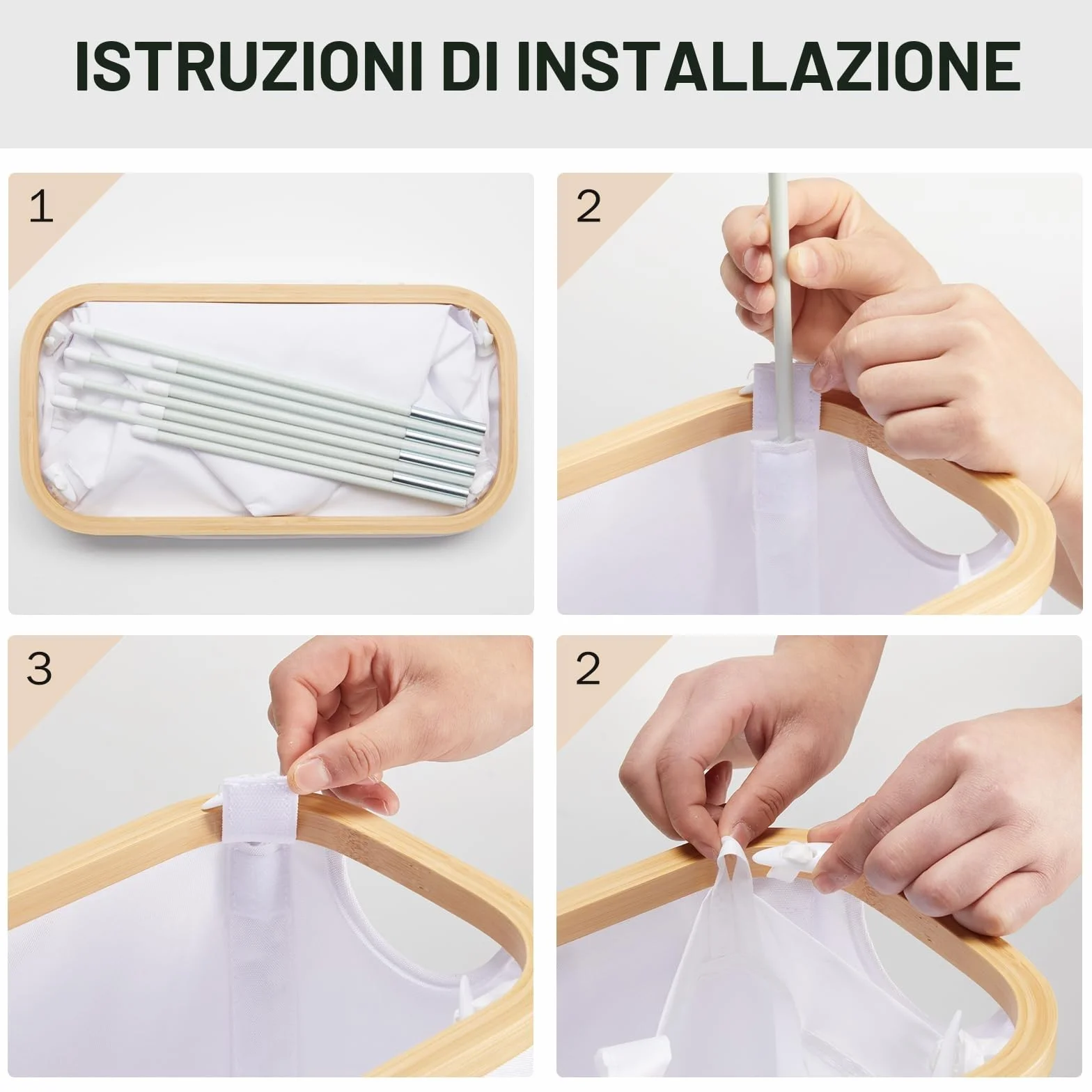 YOUDENOVA - Cesto portabiancheria con coperchio, 48 l, stretto, con sacco grande per la biancheria, pieghevole, in legno di bambù, bianco