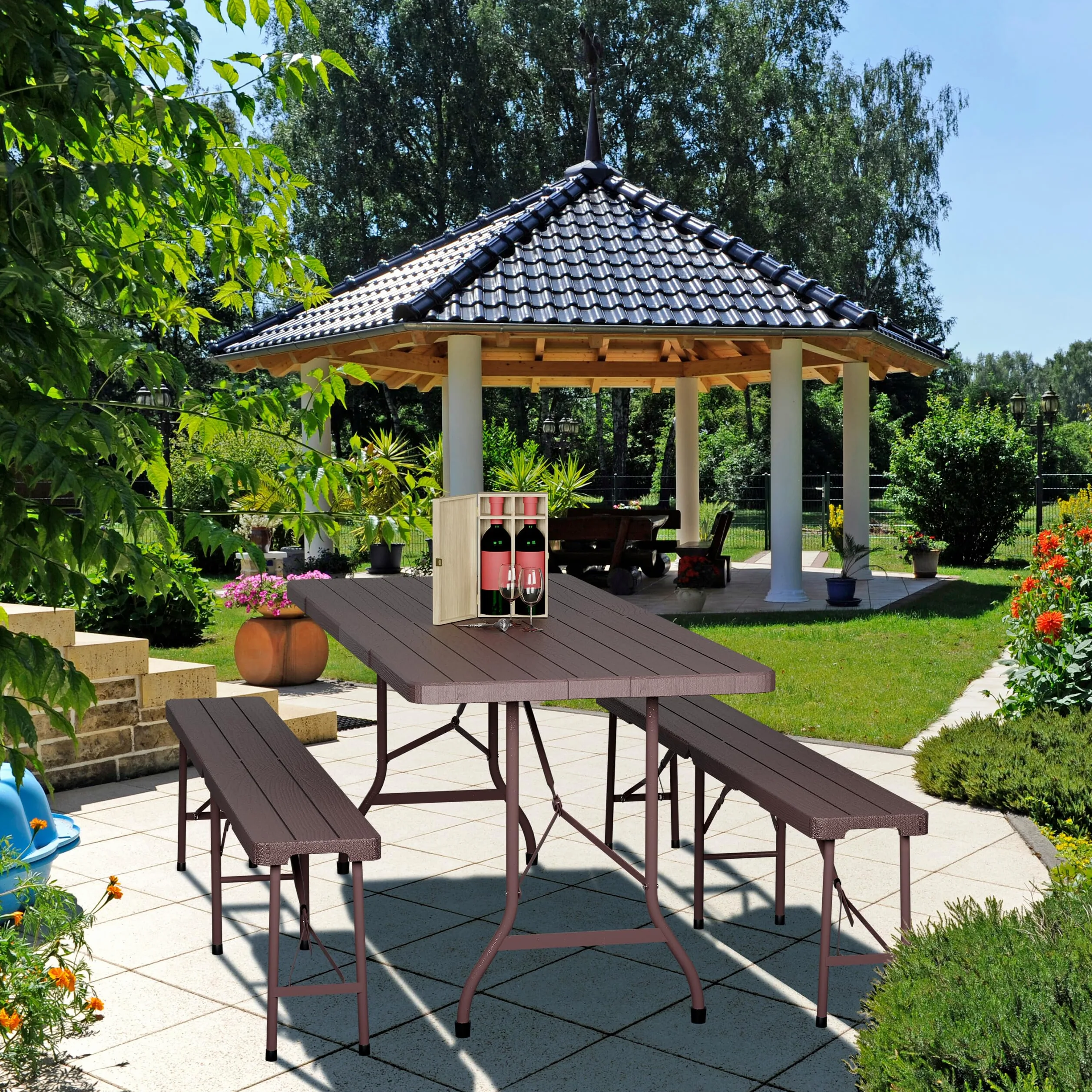 Relaxdays Tavolo da Birreria con Panche, Set da Giardino, Panchine e Tavolino 180 cm Pieghevoli, Aspetto Legno, Marrone