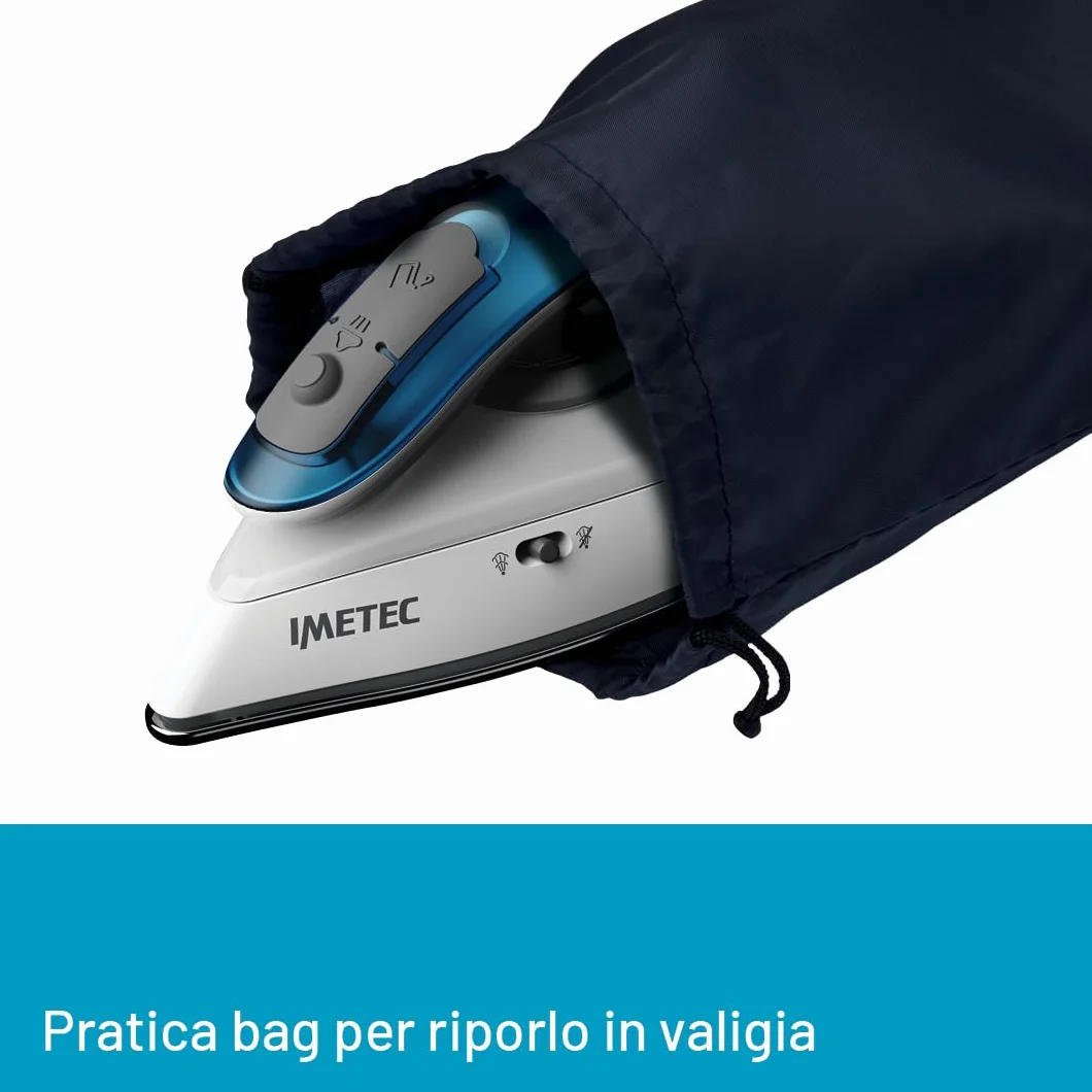 Imetec Nuvola 2.0 - Ferro da Stiro da Viaggio a Vapore - Piastra in Acciaio Inox - 1000 Watt - Compatto e leggero - Manico pieghevole - Custodia da Viaggio - Doppio Voltaggio - Colpo vapore 80 g