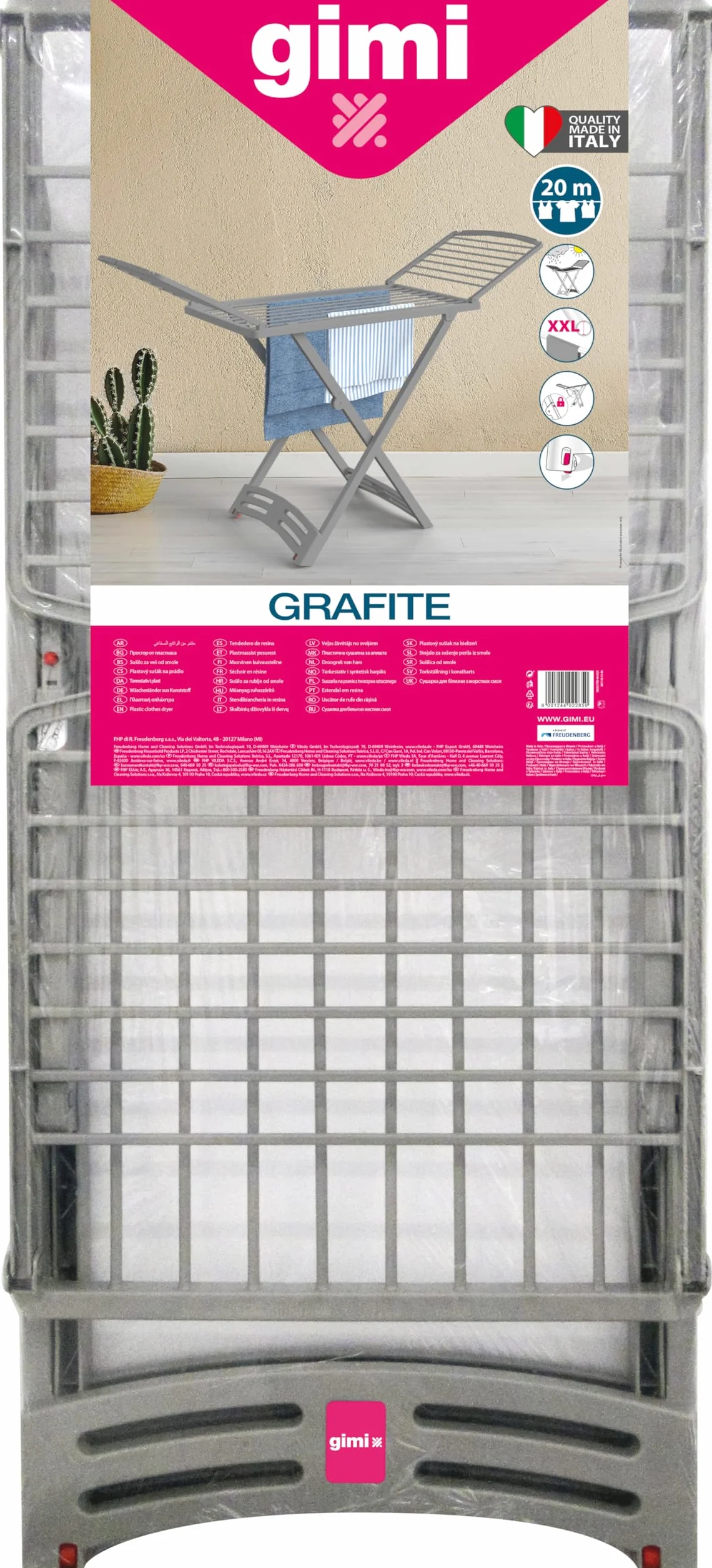 Gimi Grafite, Stendibiancheria a cavaletto in resina, Stendino da esterno, con Ruote, 21 mt stendibili, Grigio, Made in Italy. Dim. aperto (LxPxH) 181,5x55x88 cm.