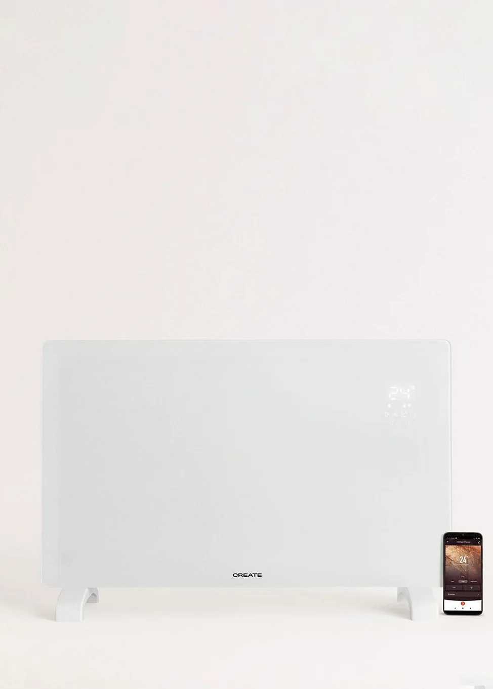 CREATE/WARM CRYSTAL/Termoconvettore elettrico in vetro bianco, 2000W, LED touchscreen, sistema di sicurezza, IP24