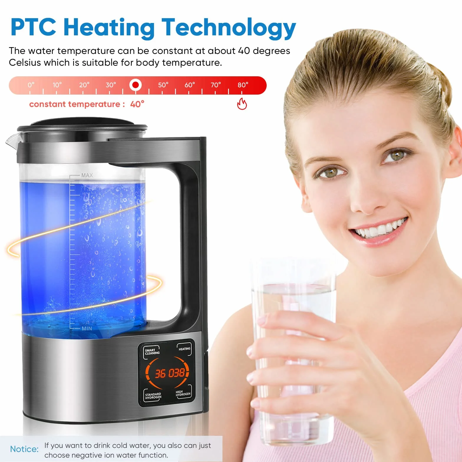 Generatore di Acqua Idrogenata, Aomdom 2L Macchina per Acqua Alcalina Ionizzata ad alta Capacità Generatore di Acqua Ionizzata con Funzione Termostato e Touch Screen a LED per uso Case e Aziende