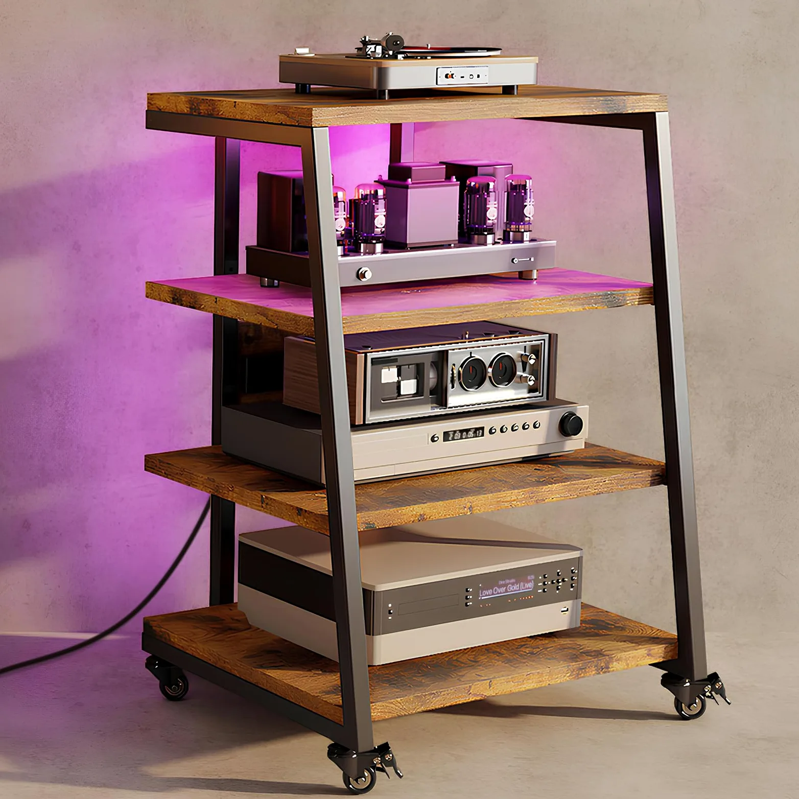 Mobile HIFI con ruote, Mobile Giradischi con 4 Ripiani e luce a LED, Supporto HIFI di altezza regolabile per Amplificatore/DVD Player/Sky Box
